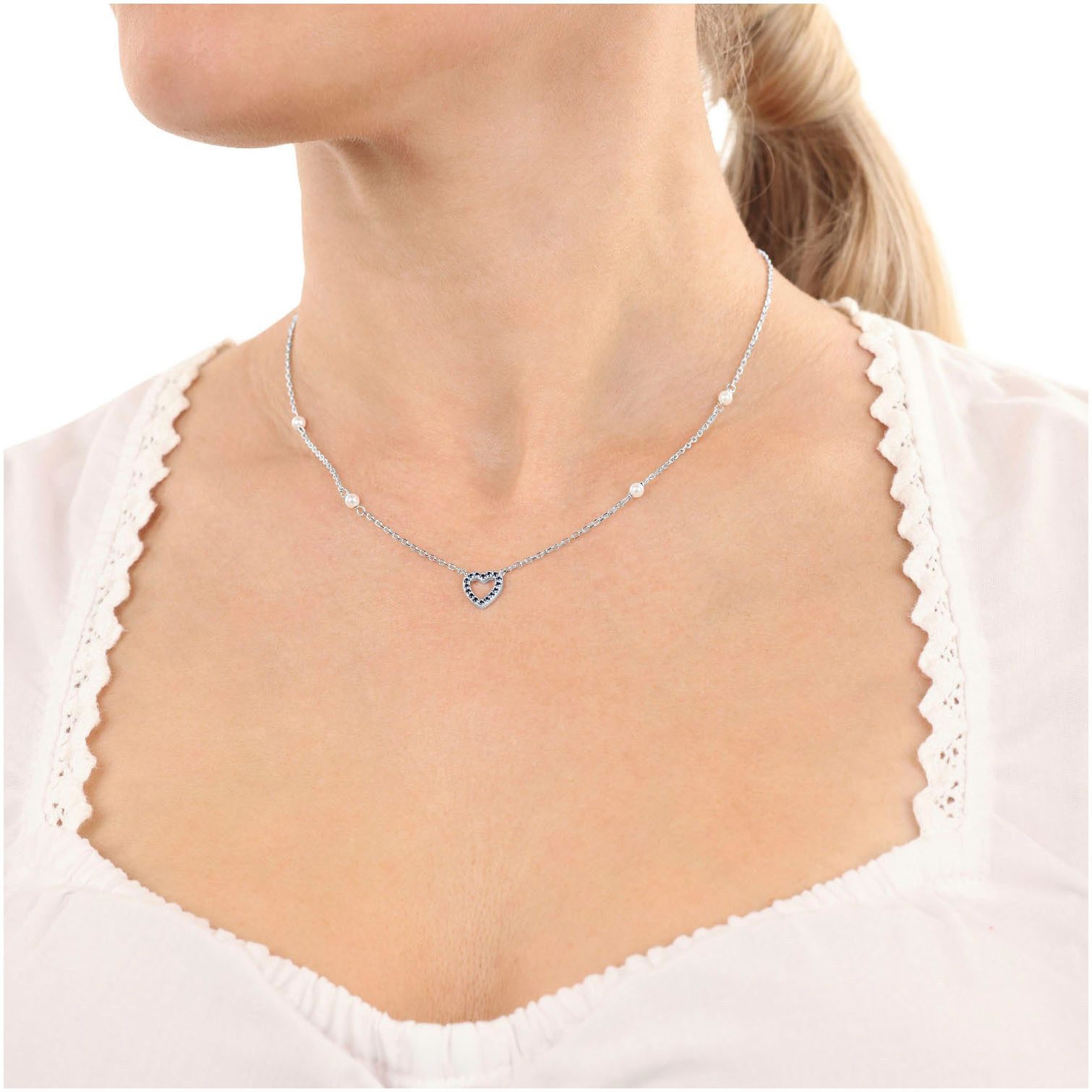 Amor Kette mit Anhänger Herz, Trachtenschmuck, Volksfest, mit Stein (synth) - mit Muschelkernperle