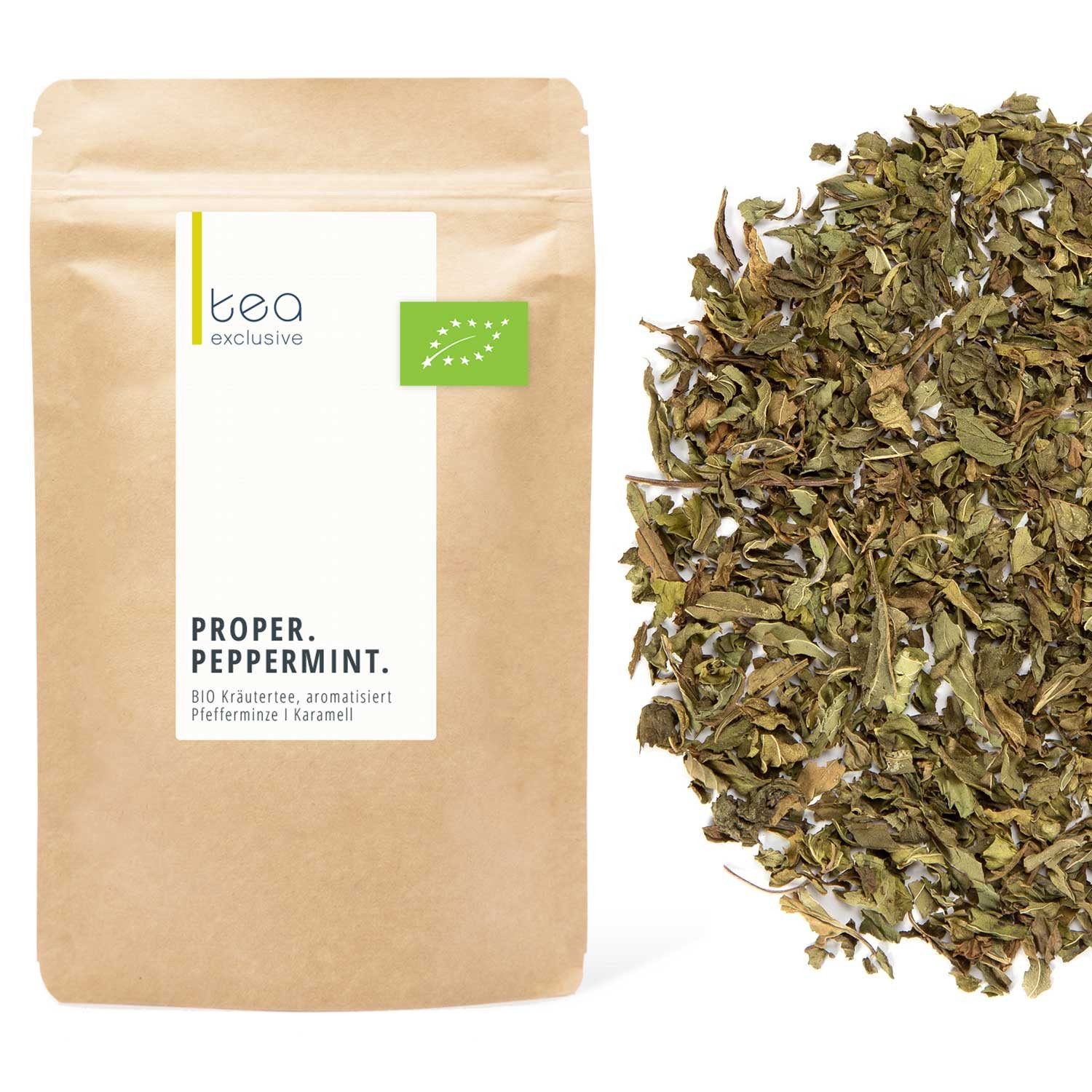 tea exclusive Tee Proper Peppermint, Kräutertee BIO, 70g, Kühlende Minze mit cremiger Karamell-Sahne Note.