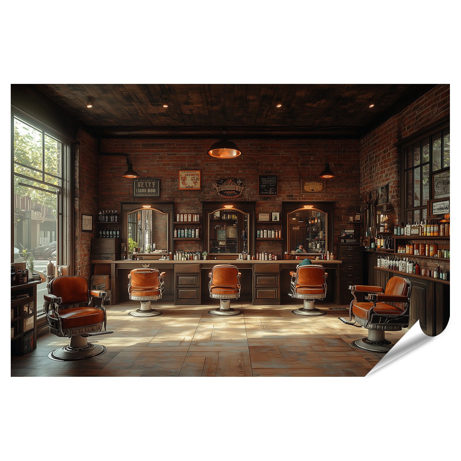 islandburner Poster Gemütlicher nostalgischer Friseursalon mit Lederstühlen und Backstein