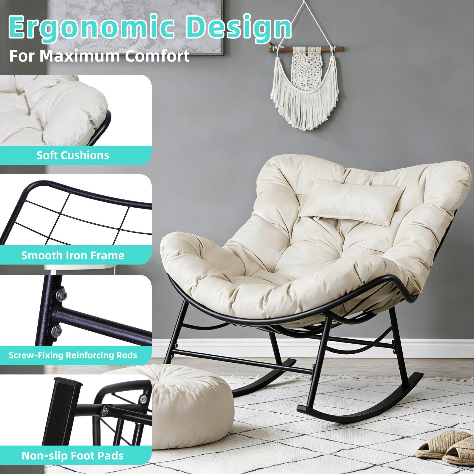 CCLIFE Schaukelstuhl Schaukelsessel Wohnzimmer Relaxstuhl Kopfstütze, Bis 150kg