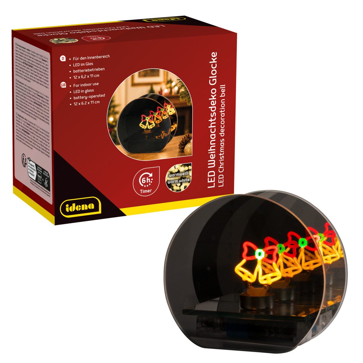 Idena Teelicht Idena LED Weihnachtsdeko - Glock im Glas, dunkelbraun, 12 x 6.2 x 11