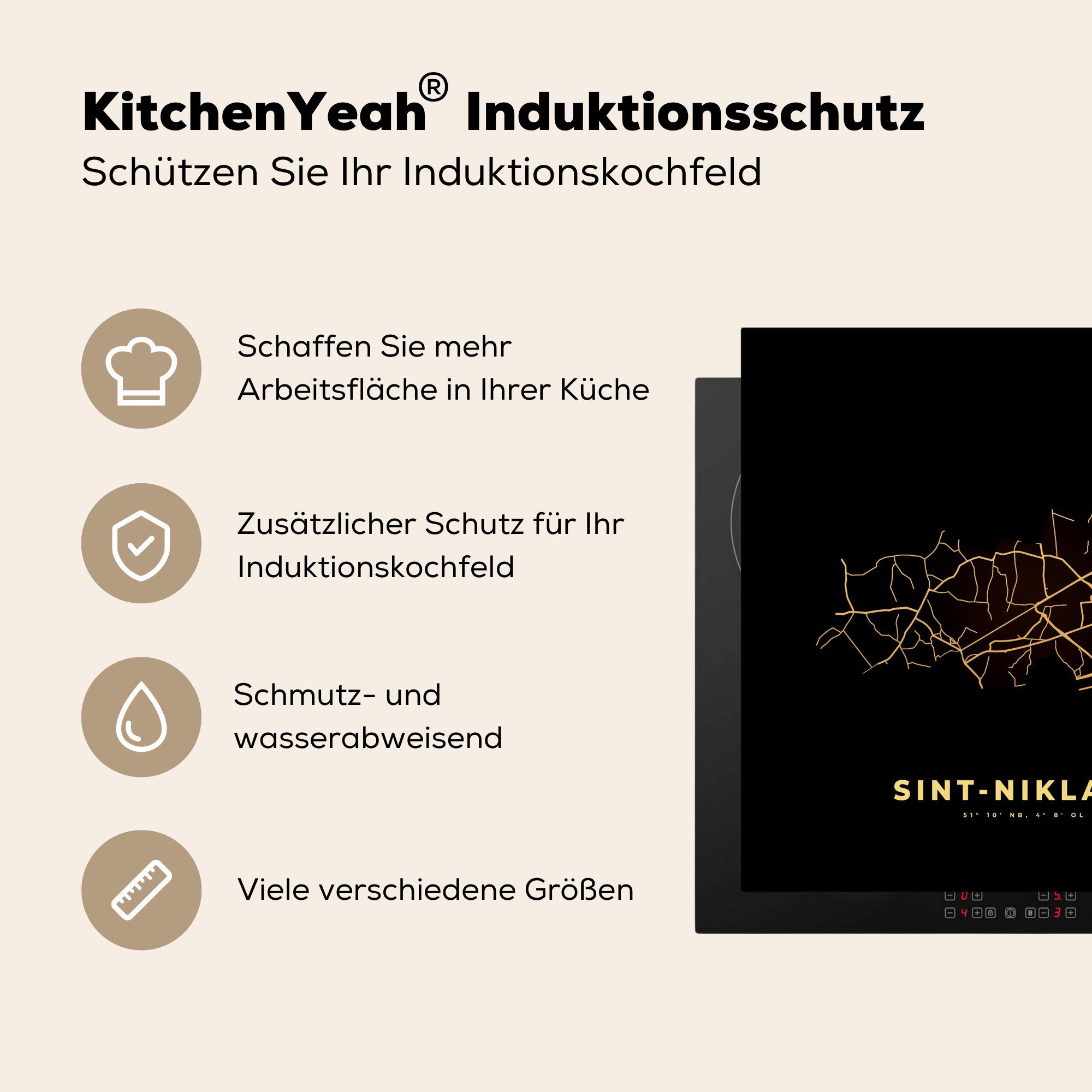 cm, küche (1 Gold - Karte - Arbeitsplatte Herdblende-/Abdeckplatte Stadtplan Sint Belgien Ceranfeldabdeckung, - tlg), - Niklaas, für MuchoWow Vinyl, 78x78