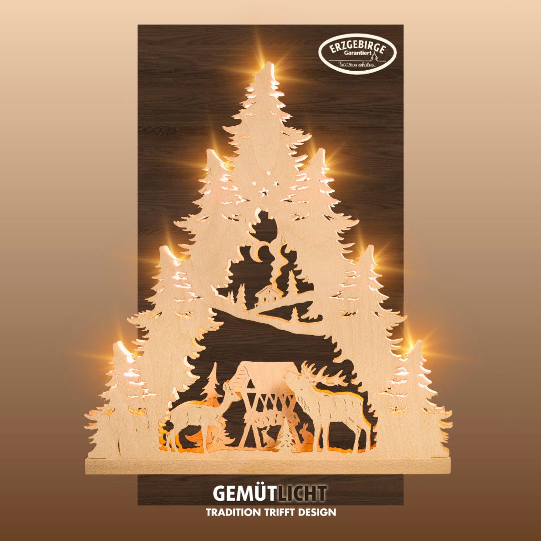 Weigla LED Lichterbogen Hirschfamilie, Schwibbogen aus Holz, NATUR, Made in Germany (1-tlg), Erzgebirge garantiert, Weihnachtsdeko Innen, Weihnachtsbeleuchtung