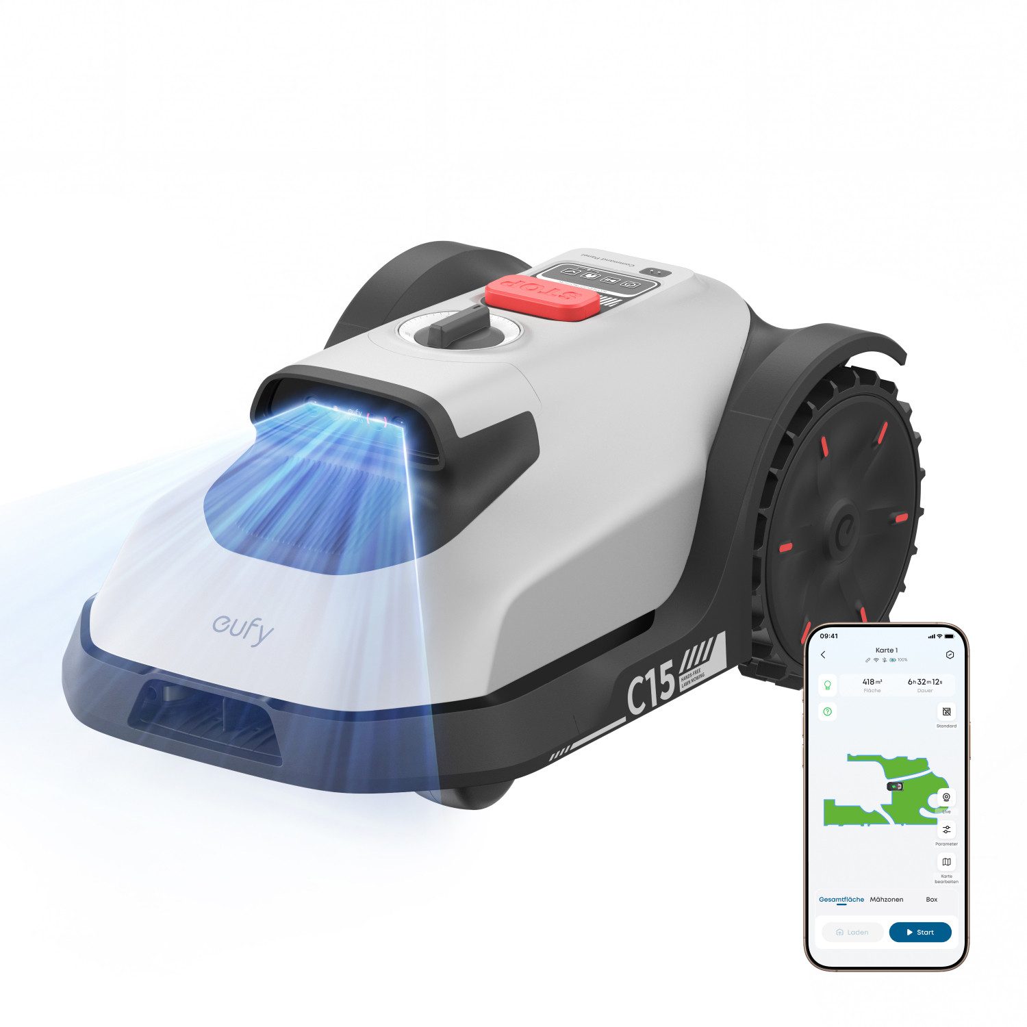 eufy Rasenmähroboter C15 ohne Begrenzungskabel, bis 500 m² Rasenfläche, (Packung), ohne RTK, Auto-Kartierung, intelligente Navigation, präzises Randmähen