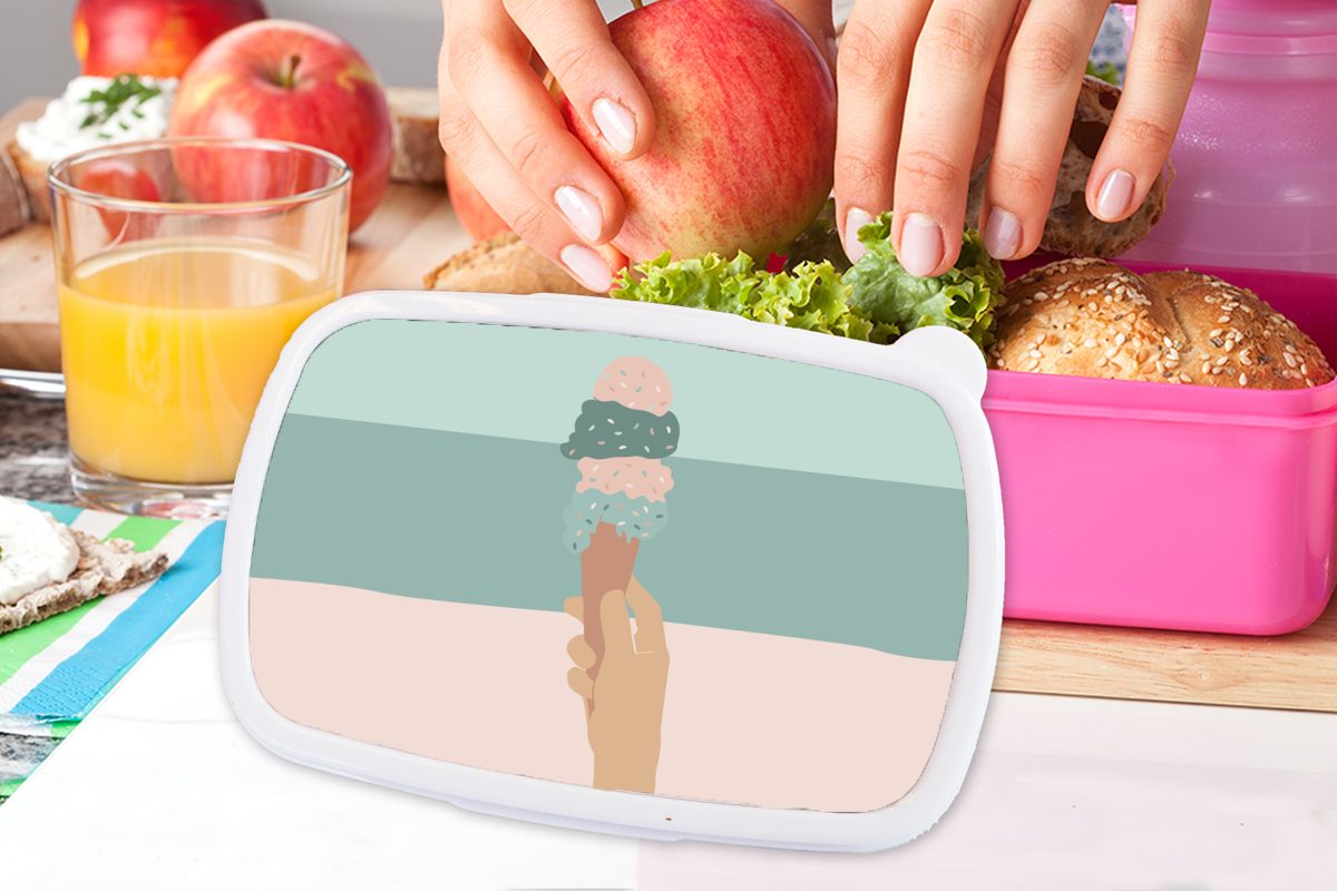 MuchoWow Lunchbox Sommer - (2-tlg), Snackbox, Brotbox - rosa Brotdose Hand, für Kinder, Kunststoff, Kunststoff Mädchen, Erwachsene, Eiscreme