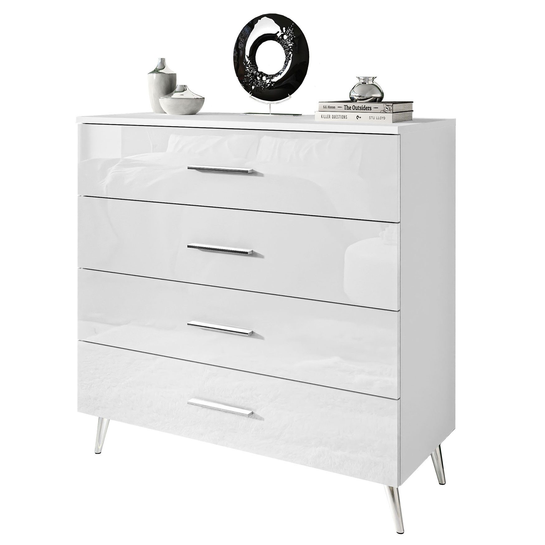 Lookway Kommode AURA 4S Weiß mit Schubladen und Griffe, 95x40x90 cm