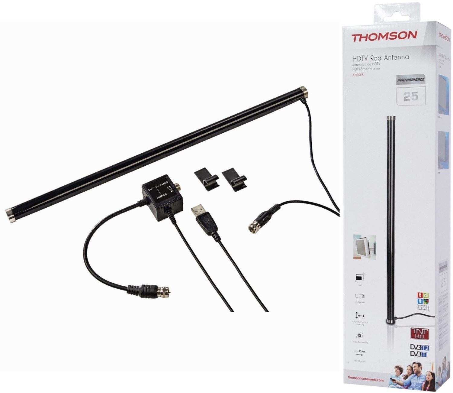Thomson DVB-T2 Zimmerantenne, TV/Radio integrierter Leistungsstarker versorgt Stabantenne z.B. TV vom Verstärker, USB-Power Flachantenne, über