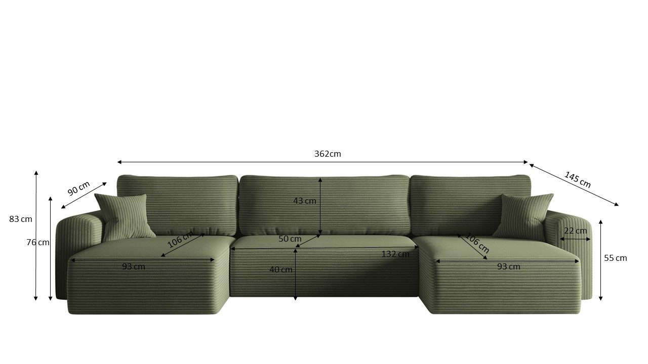 Kaiser Möbel Ecksofa mit schlaffunktion und bettkasten, Sofa U-form, Couch U-form CAPRI, Sofa U-Form / Ecksofa