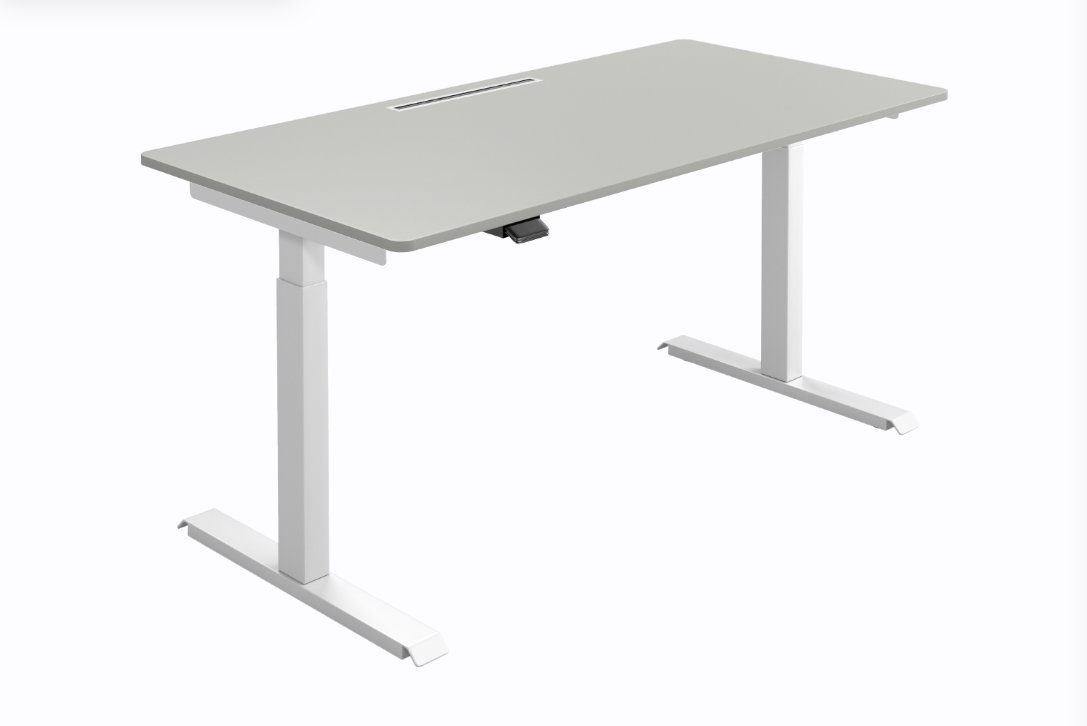 MO Casa Schreibtisch Elektrisch höhenverstellbarer Schreibtisch "MO Five" mit Tischplatte und integriertem Kabeldurchlass - stufenlos verstellbarer Bürotisch (Sitz-Steh Tisch) - nachhaltig in Deutschland gefertigt - ergonomischer Arbeitsplatz, verschiedene Größen und Farben frei wählbar Weiß | Hellgrau