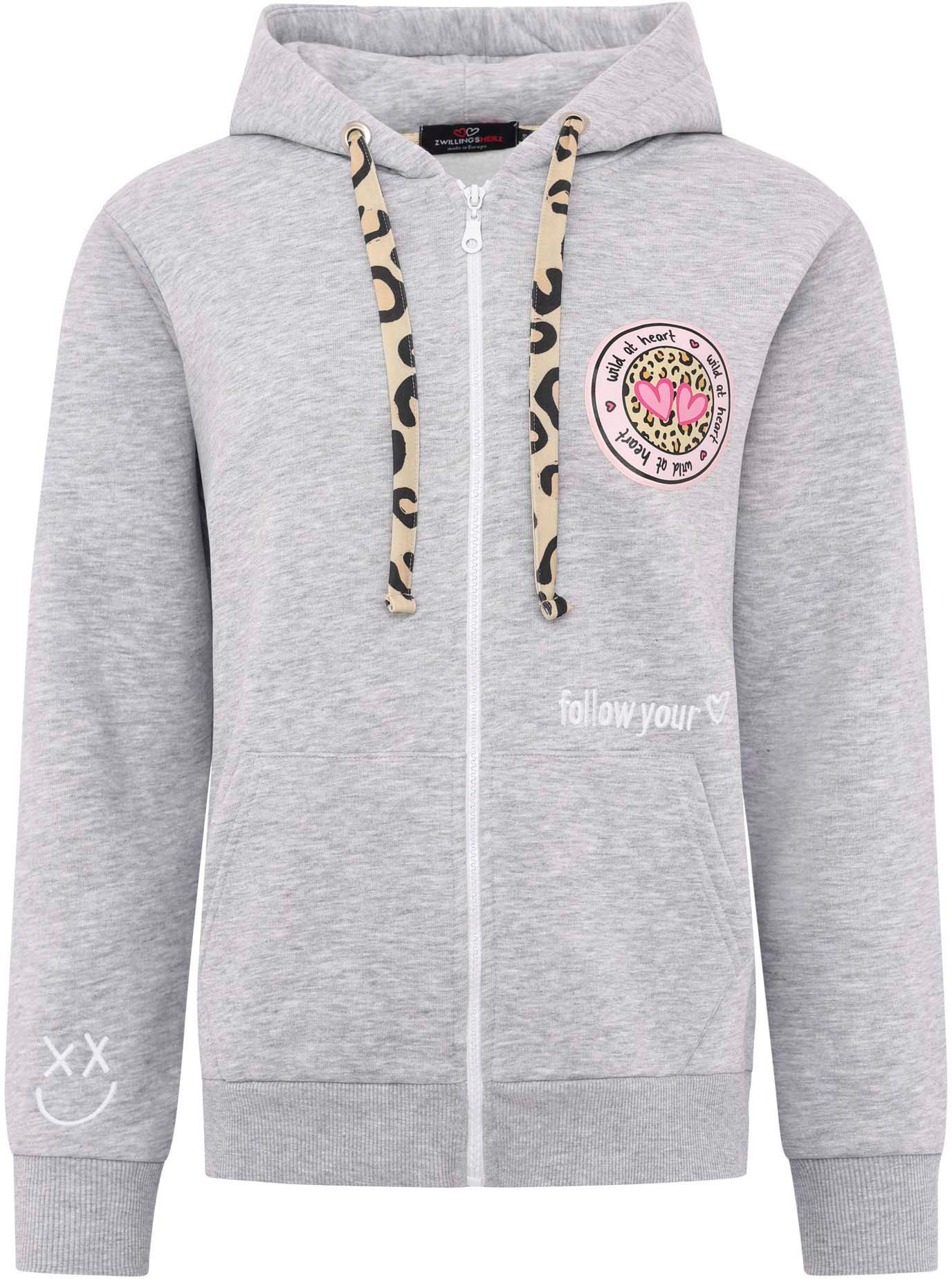 Zwillingsherz Kapuzensweatjacke Leo-Details, Langarm, Reißverschluss, Baumwollmischung