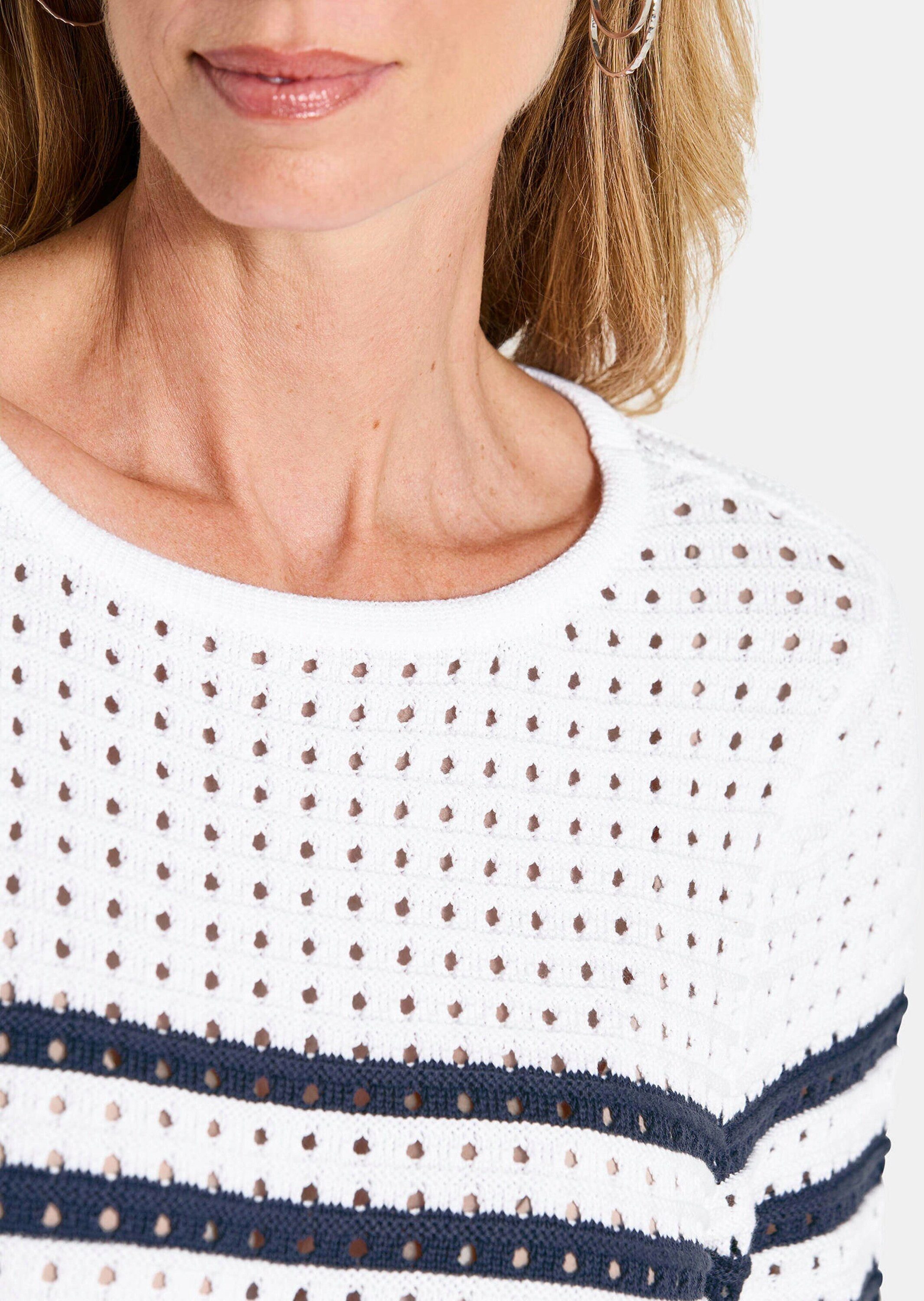 GOLDNER Strickpullover Kurzgröße: Ajourpullover mit Streifenmuster Streifenpullover mit U-Boot-Ausschnitt und 3/4-Ärmeln
