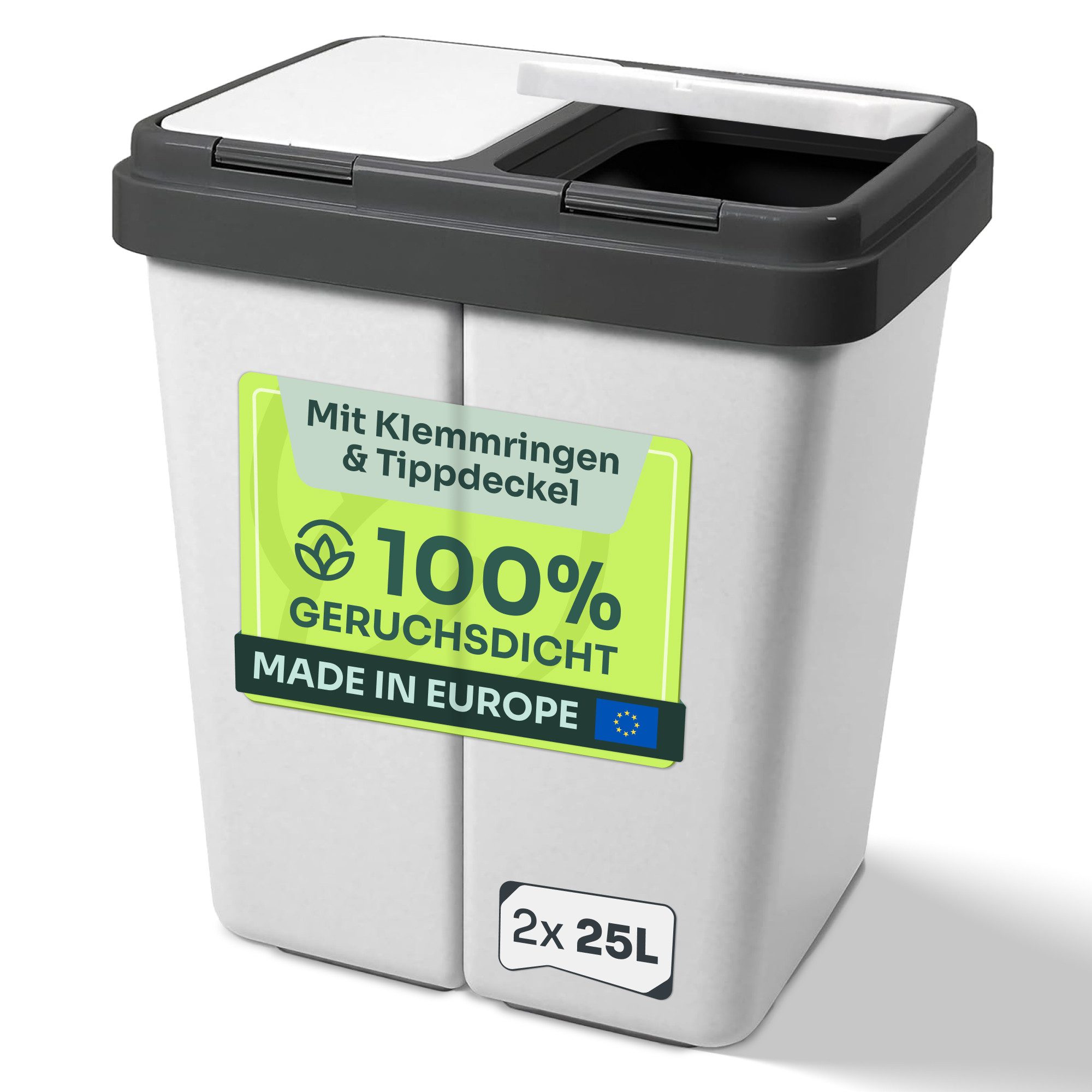 Gardissimo Mülleimer Mülltrennsystem Duo Bin granit 2 fach Müll Tonne Abfalleimer Sortierer, mit Tipp-Deckeln und Klemmringen / inkl. 2 Ersatzfedern