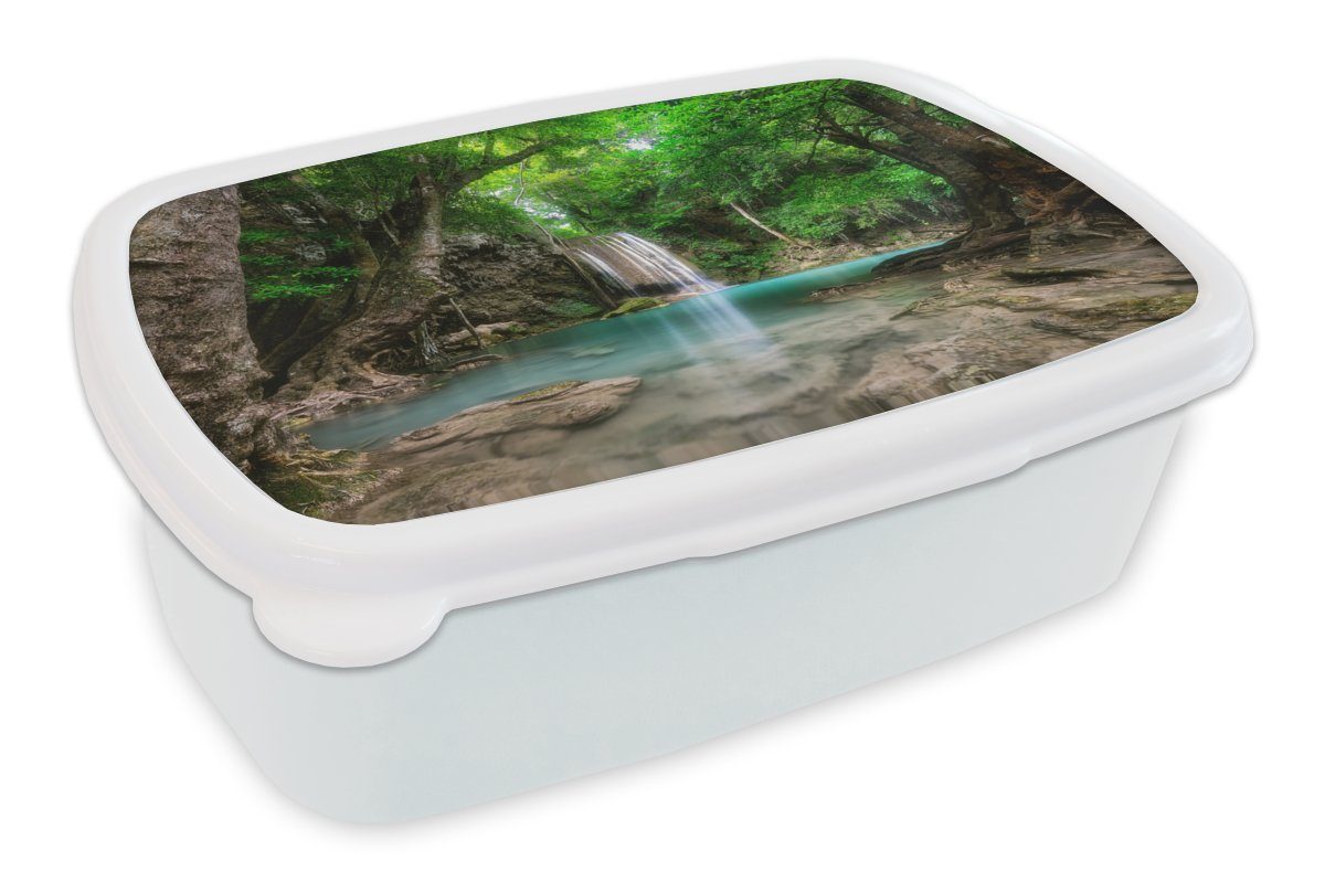 MuchoWow Lunchbox Dschungel - Wasserfall - Pflanzen - Wasser - Natur, Kunststoff, (2-tlg), Brotbox für Kinder und Erwachsene, Brotdose, für Jungs und Mädchen weiß