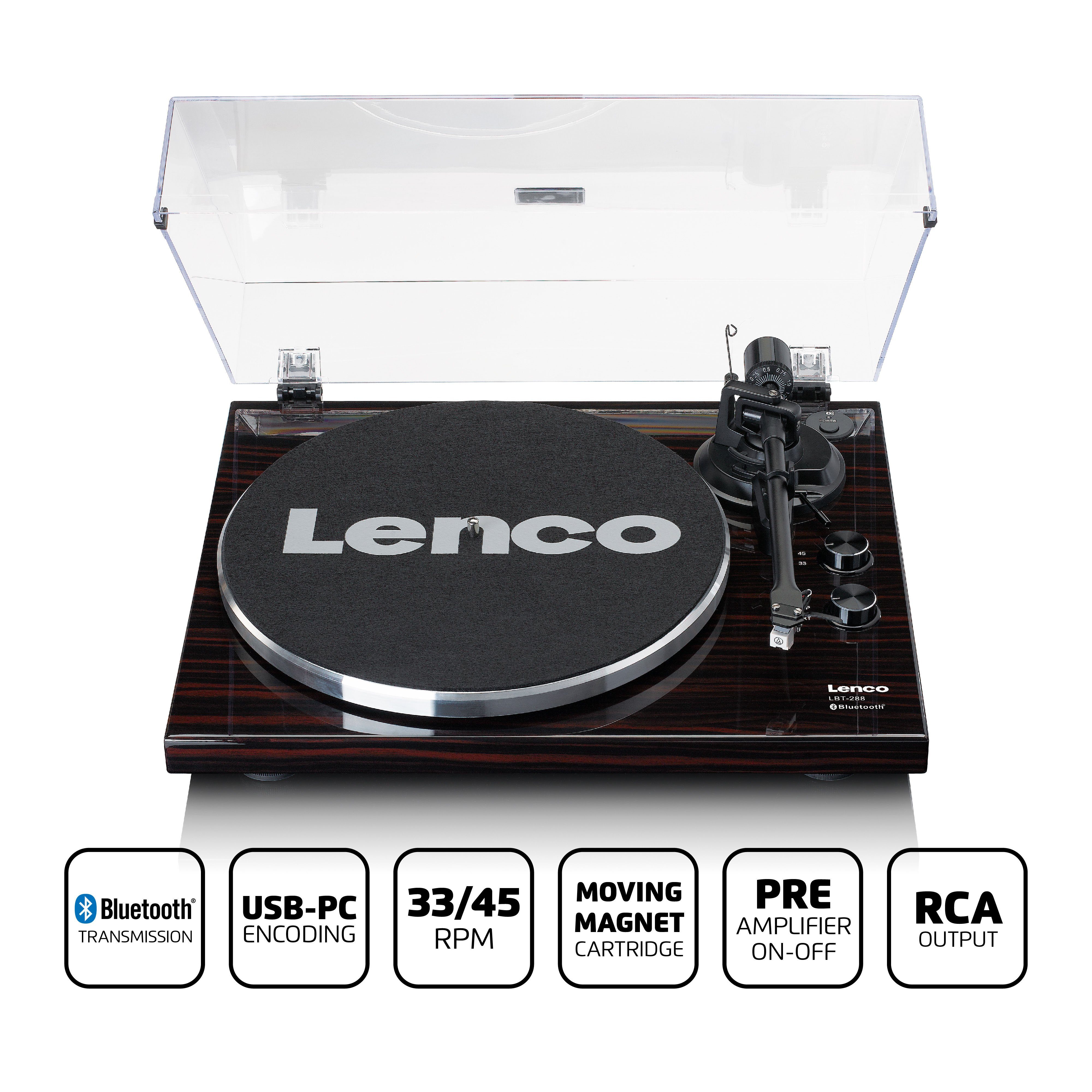 Lenco LBT-288WA Plattenspieler (Riemenantrieb, Bluetooth, USB Adapter, Audio-Technica, 33 45 U/min inkl. Staubschutz)