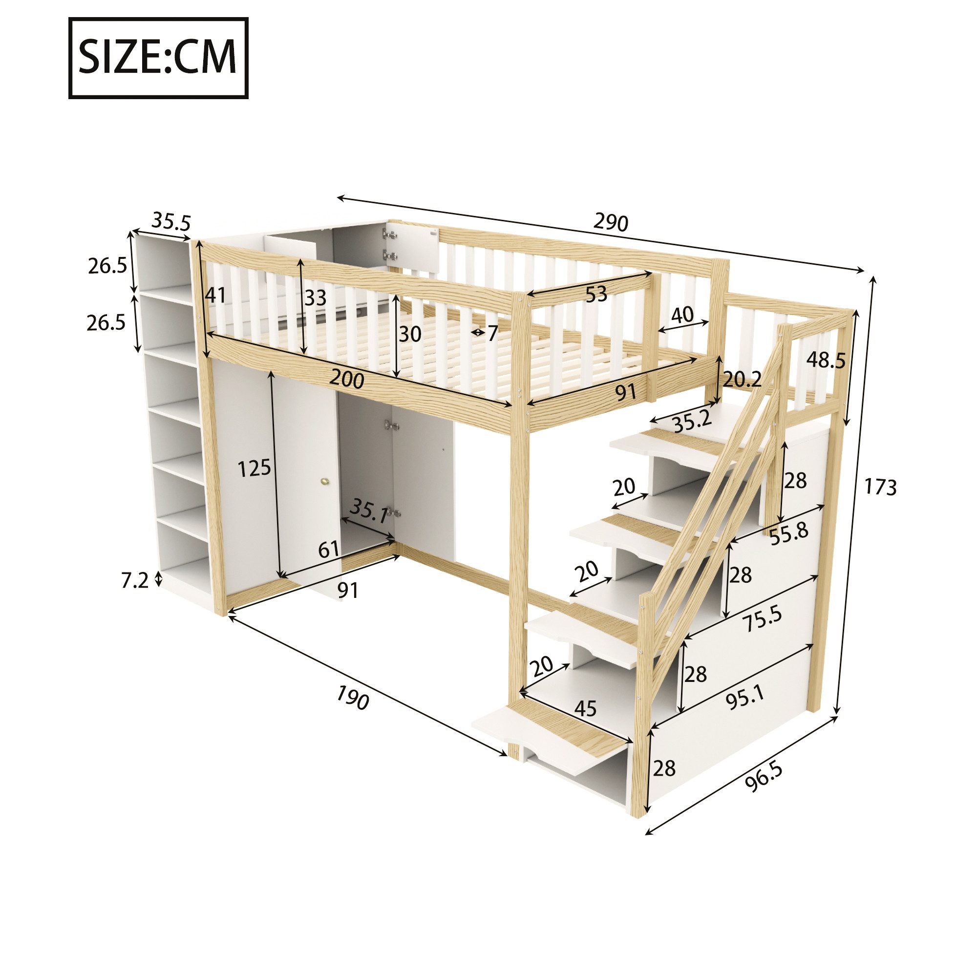 Merax Hochbett (Massivholz Kinderbett Jugendbett 290/96.5/173 cm, Etagenbett) 90x200cm mit Regalen,Treppe, Schließfächern und Kleiderschrank. Reduzierter Preis € 759,99. Unverbindliche Preisempfehlung € 1.299,99