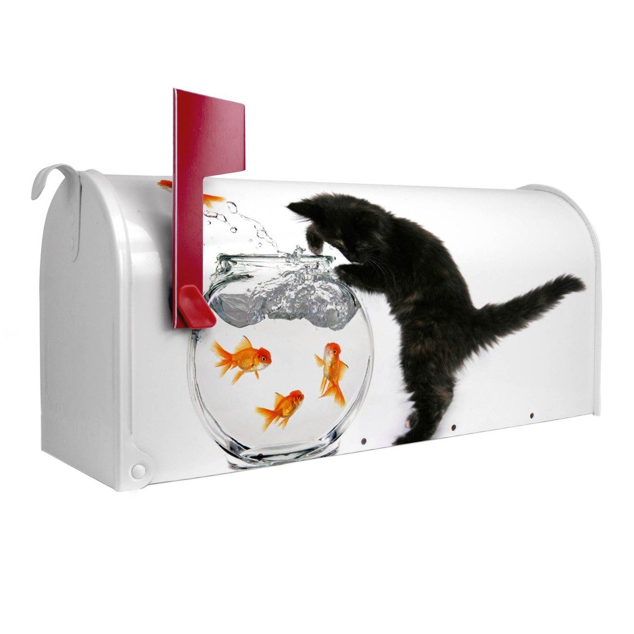 banjado Amerikanischer Briefkasten Mailbox Katze Und Fisch (Amerikanischer Briefkasten, original aus Mississippi USA), 22 x 17 x 51 cm weiß