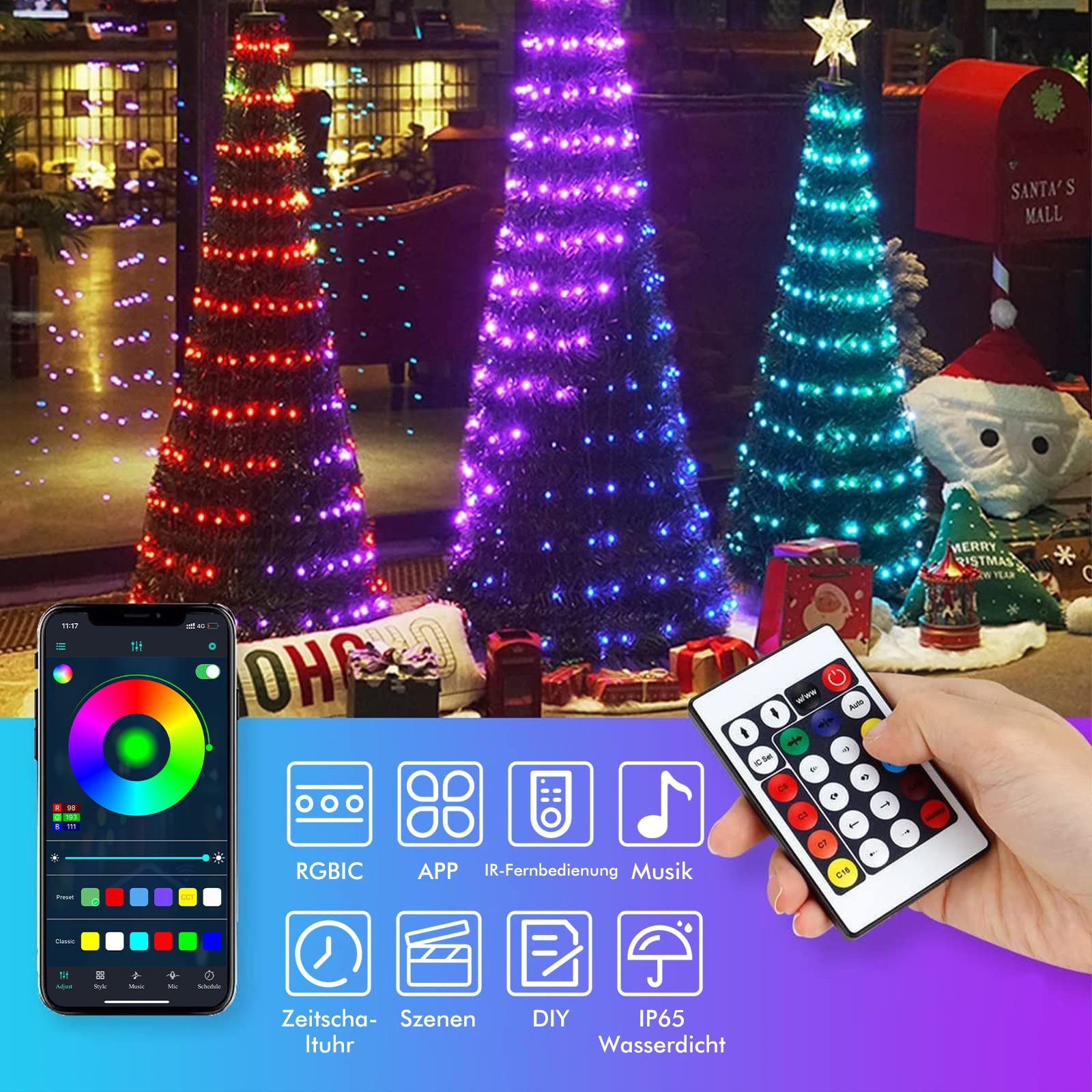 Timer Farbwechsel 10M Innen Sync mit Party Musik Kupferdraht Bluetooth IP67 RGB Weihnachtsbeleuchtung, Lichtschlauch Sunicol Fernbedienung Außen LED-Lichterkette