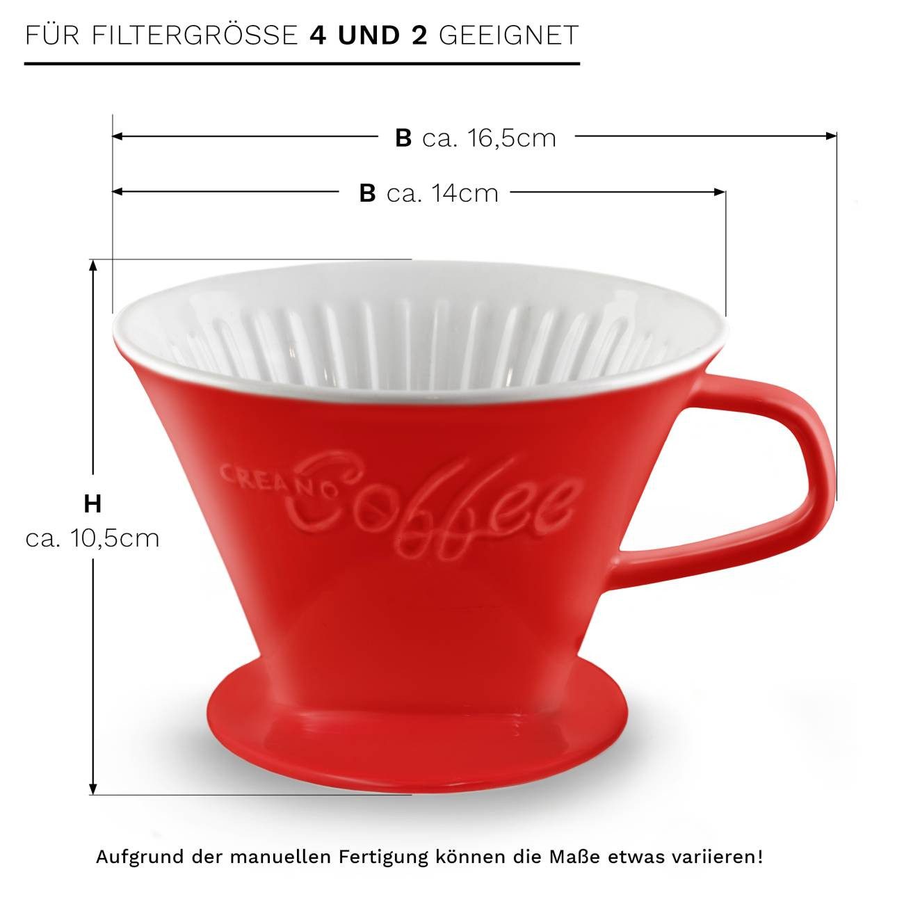 Creano Handfilter Creano Porzellan Kaffeefilter - Größe 4 für Filtertüten Gr. 1x4 - Rot, Porzellan, für Filtergröße 4