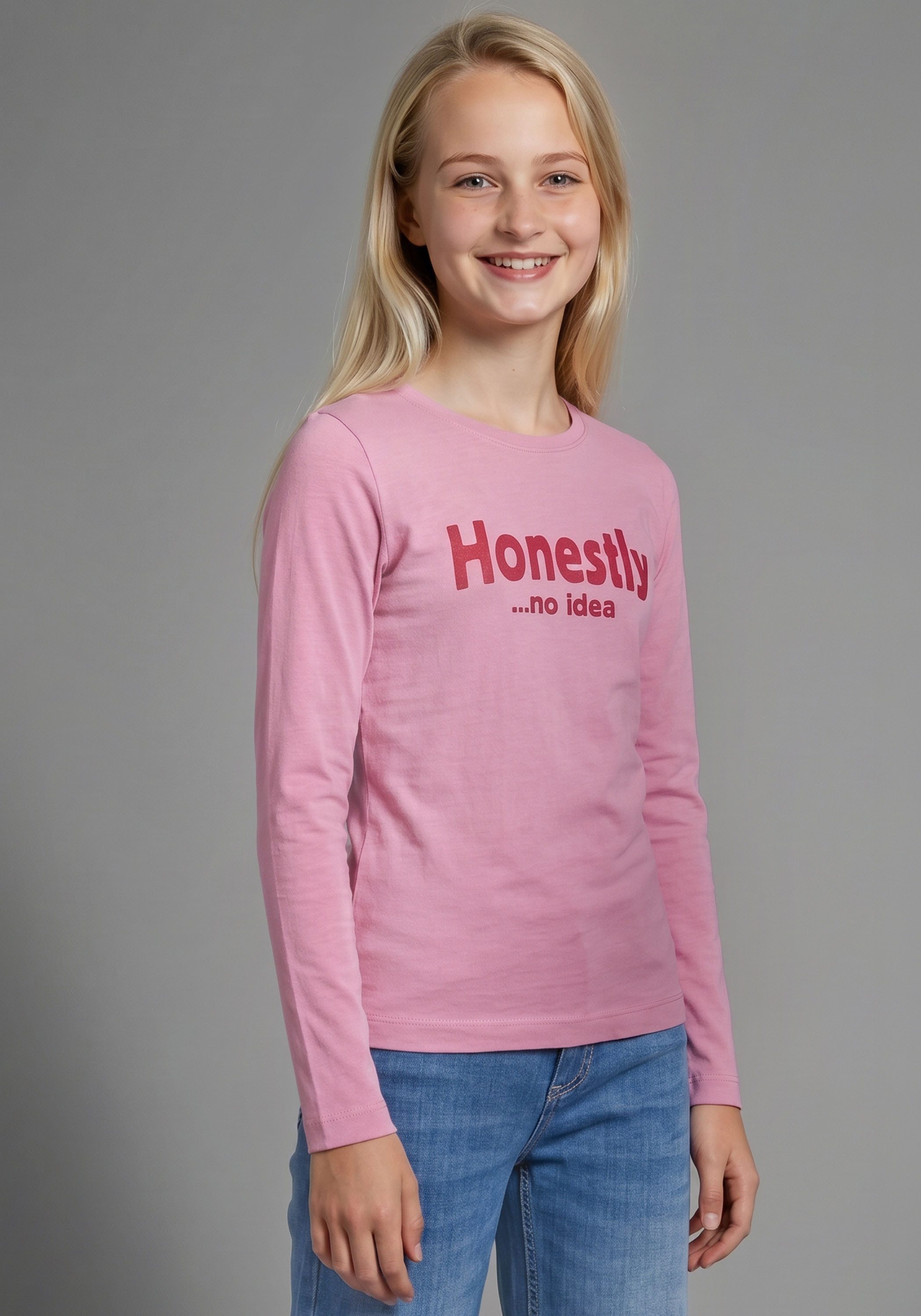 KIDSWORLD Langarmshirt Slogan Shirt: HONESTLY Spücheshirt, langärmlig, Basic-Stil, mit tiefem Rundhalsausschnitt