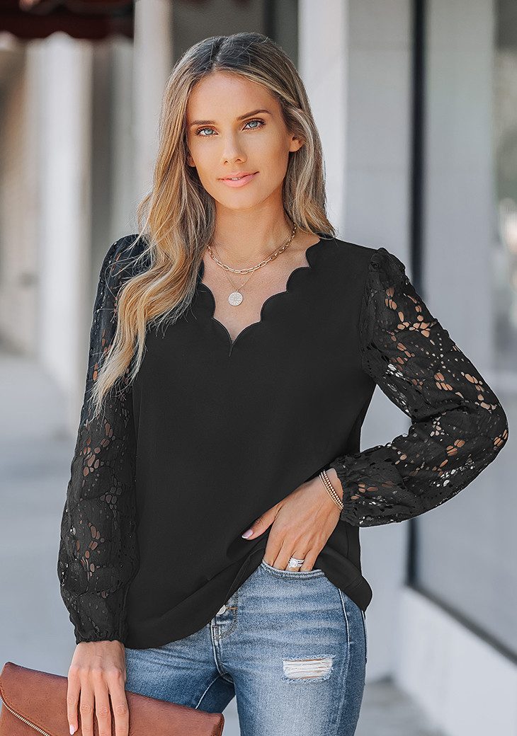 Cupshe Spitzenbluse Bluse mit Spitze und Wellenschliff Kontrastierende florale Spitze