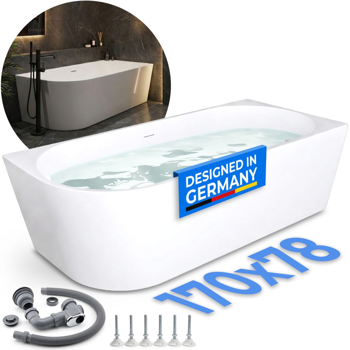 Belvit Badewanne halbfreistehend & freistehend aus Acryl – Eckbadewanne oder oval, Links, Mittig & Rechts, in 180x80 - 170x78 cm, mit Ablaufgarnitur