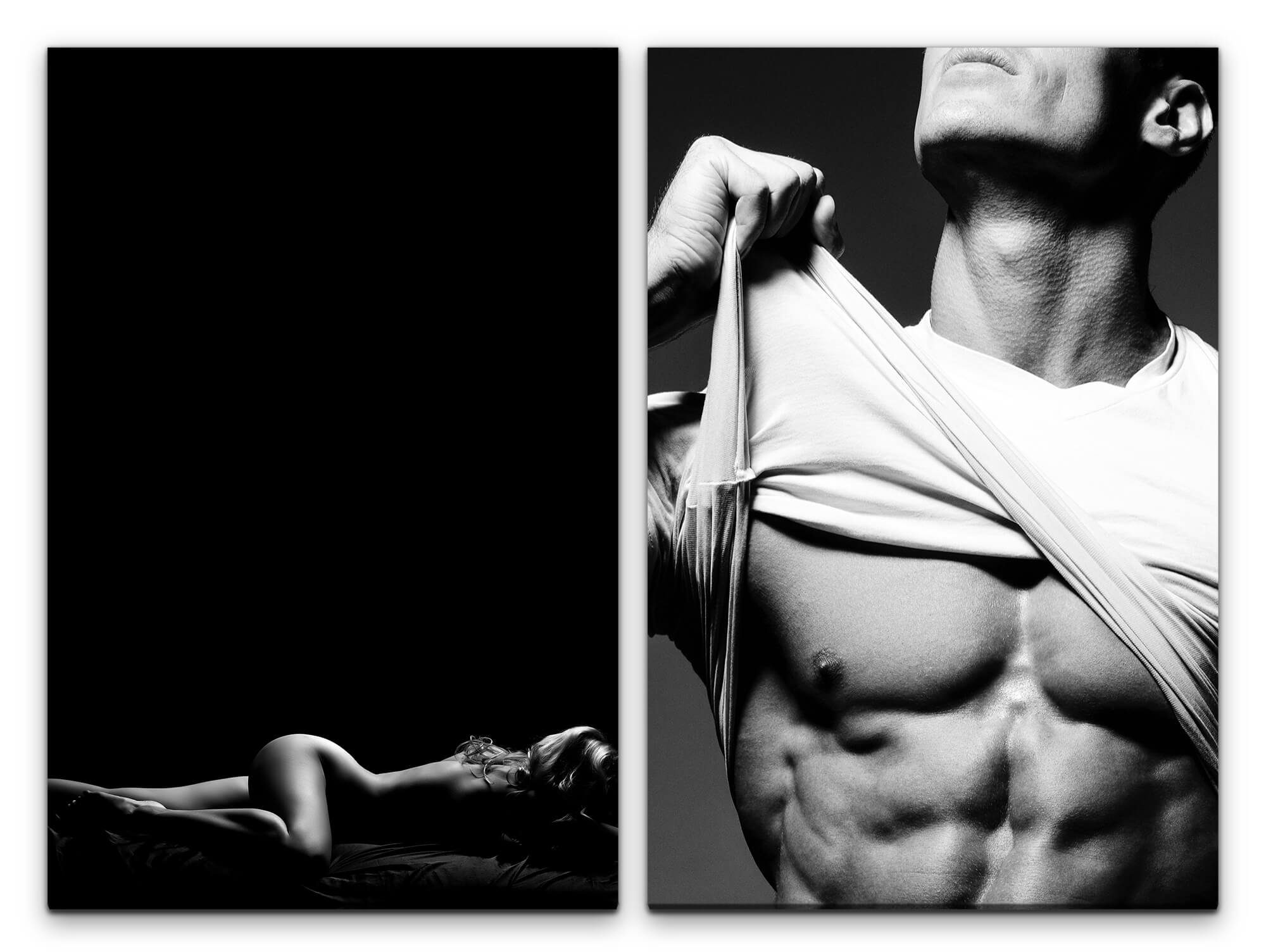 Sinus Art Leinwandbild 2 Bilder je 60x90cm Erotisch Prickelnd Akt Muskulös Verführerisch Leidenschaft Sixpack