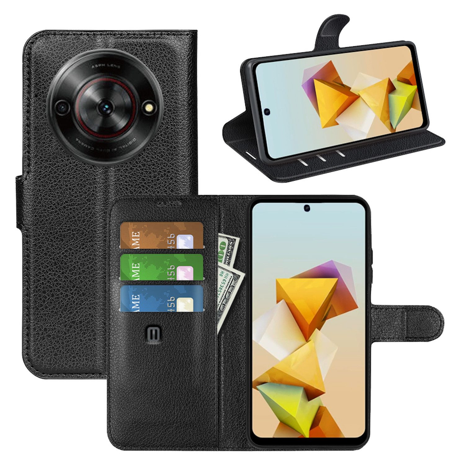 Wigento Smartphone-Hülle Für ZTE Blade A75 5G Kunstleder Book Wallet Tasche Etuis Hülle Schwarz, Kunstleder Book Wallet Hülle mit Magnetverschluss