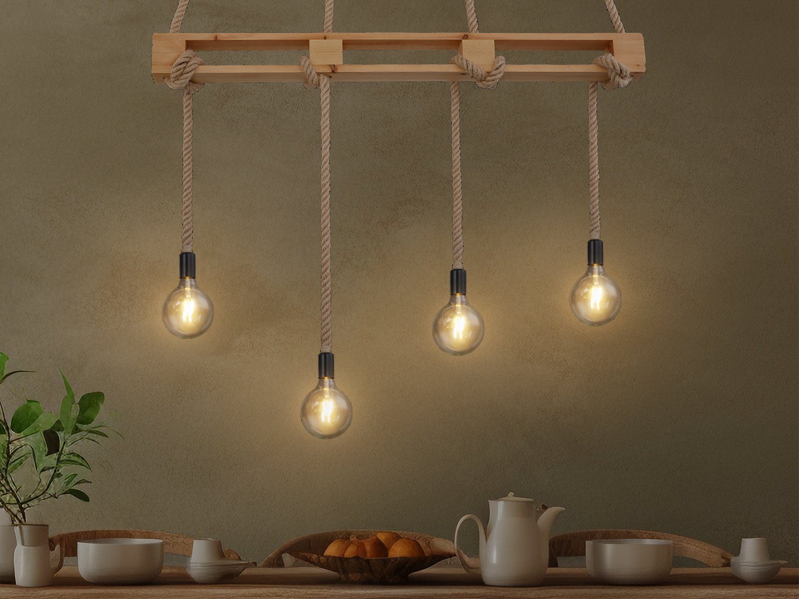 LED Dimmfunktion, Balken-lampe Holzbalken Warmweiß, wechselbar, Esstisch über Seil-lampe 120cm Pendelleuchte, meineWunschleuchte Kücheninsel B: LED