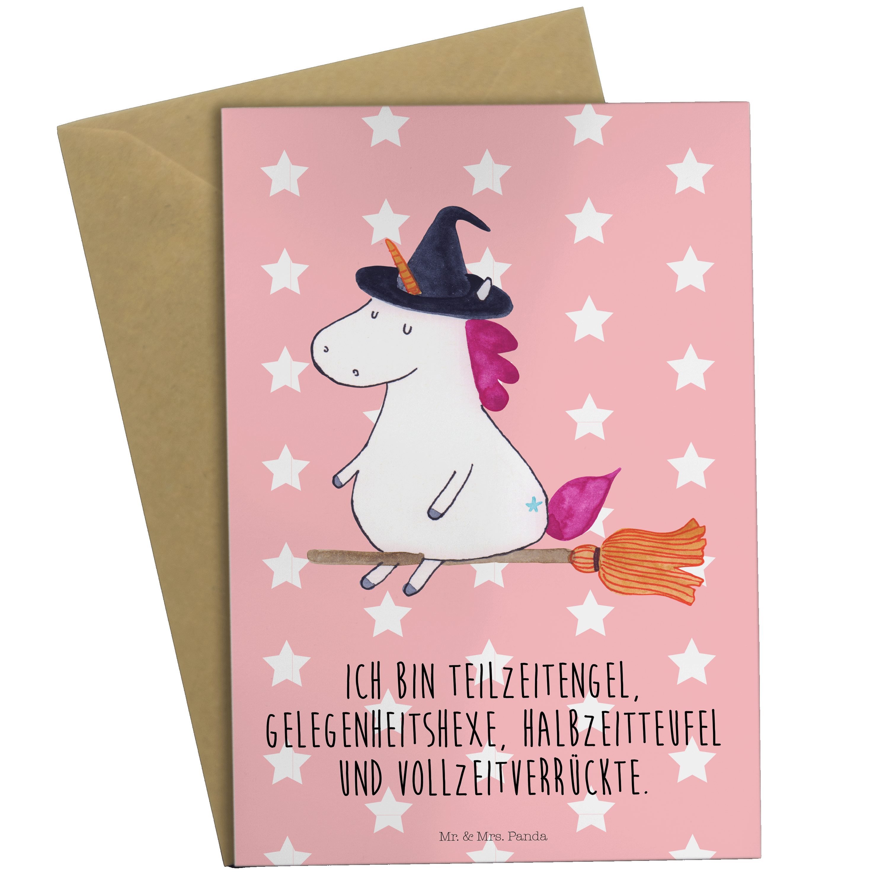Mr. & Mrs. Panda Grußkarte Einhorn Hexe - Rot Pastell - Geschenk, Einhörner, Geburtstagskarte, K