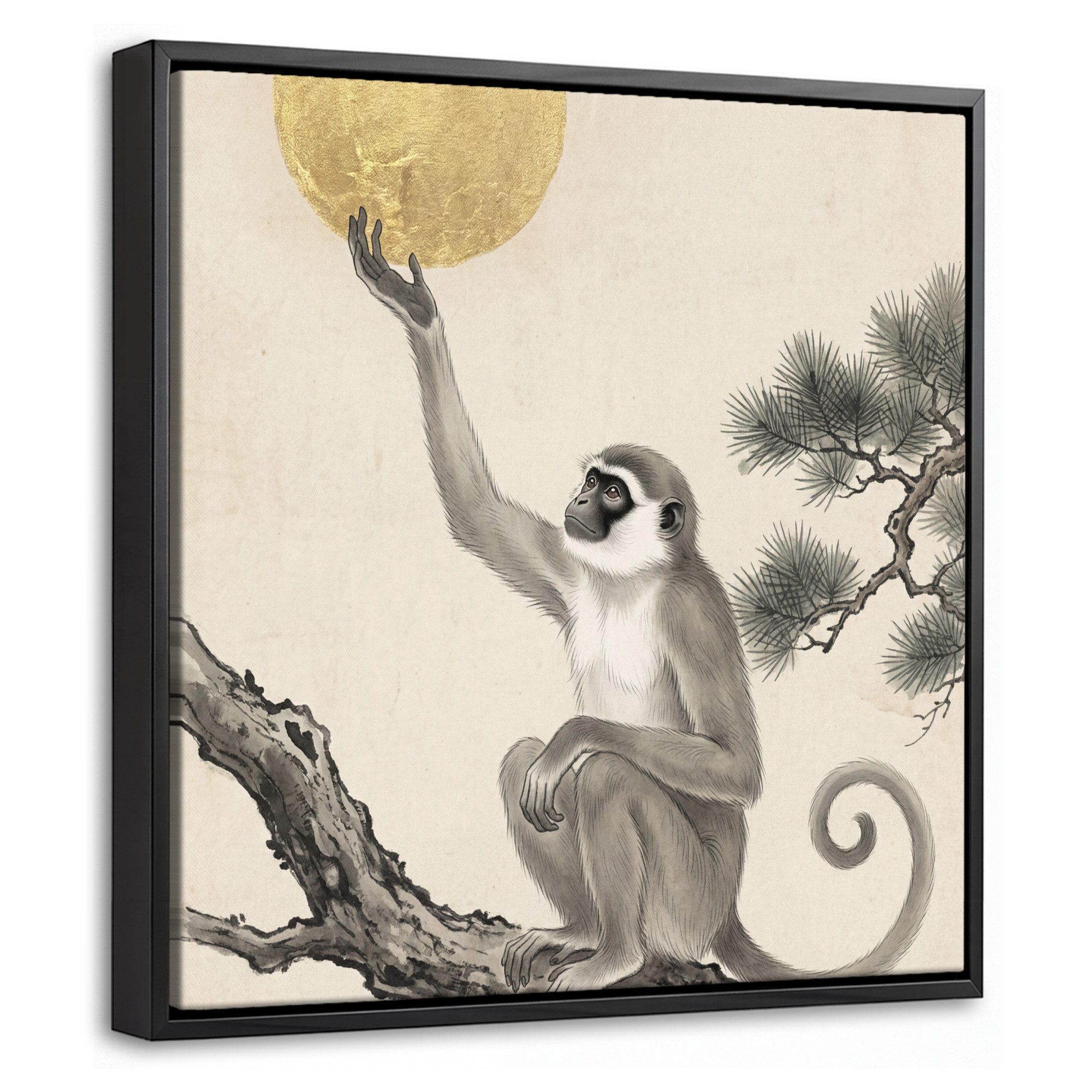 OneMillionCanvasses® Leinwandbild mit Rahmen - Affe - Mond - Gold, Fotodruck (1 St), Leinwand Bilder Klein, Wand Dekoration Aesthetic 20x20cm