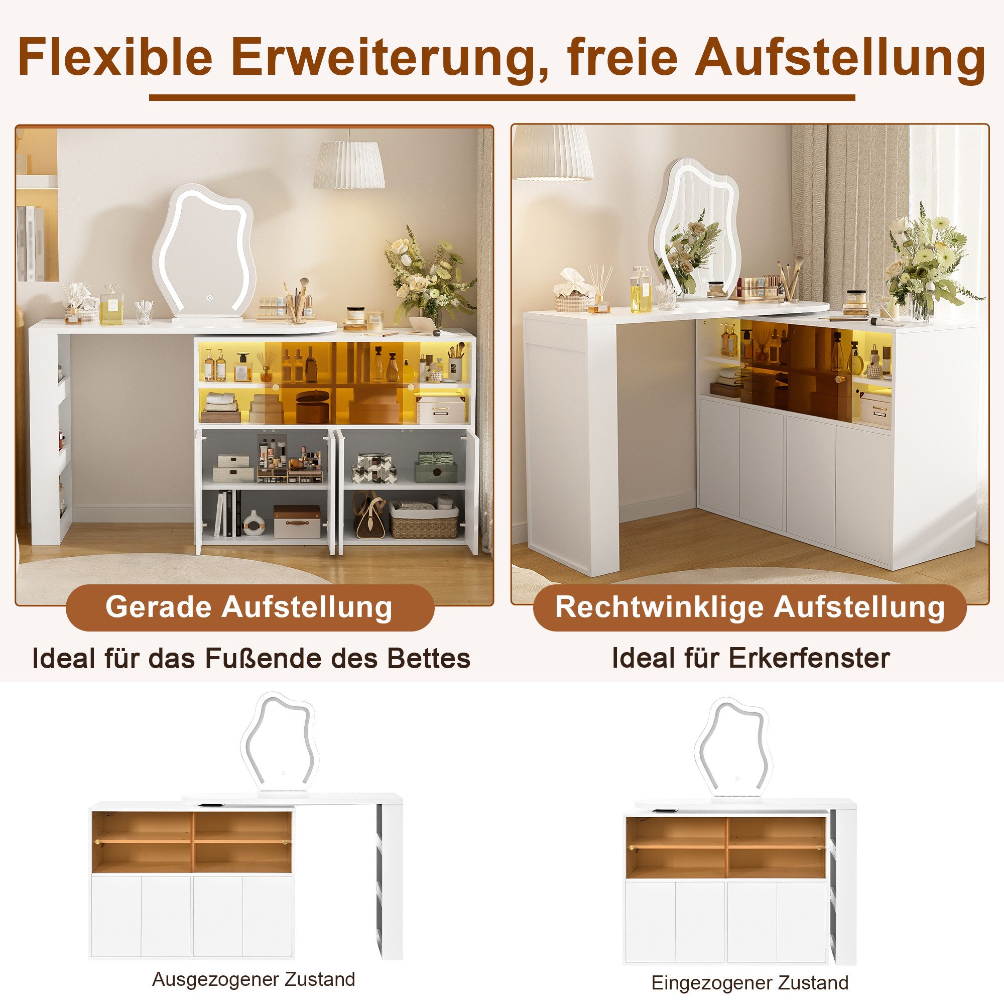 i@home Schminktisch Drehbarer Schminktisch mit LED-Beleuchtung, Frisiertisch, Bürotisch, großem mehrstöckigem Stauraum für Schlafzimmer, Weiß, 117×40×78 cm