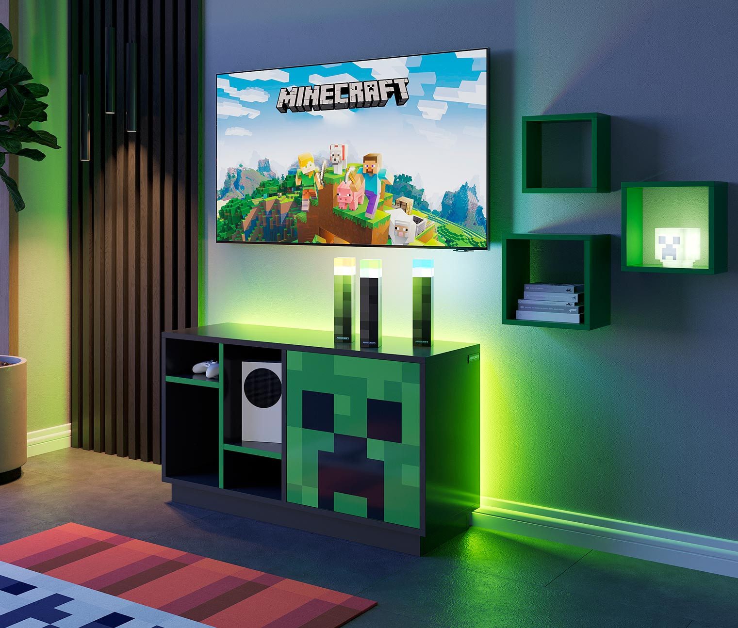Minecraft Lowboard mit Push to Open Tür & 4 offenen Fächern - aus Holz, TV günstig online kaufen