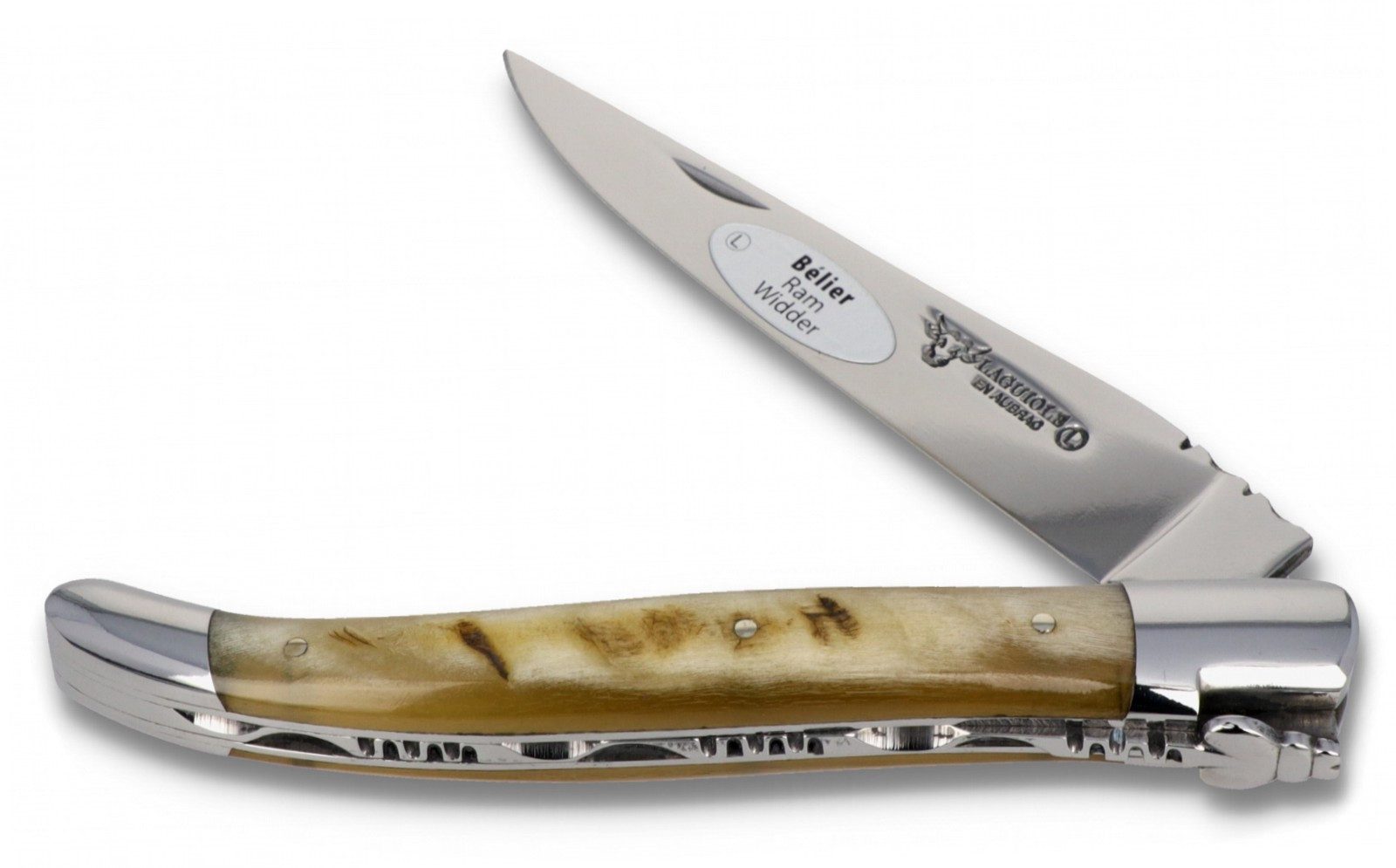 Laguiole en Aubrac Taschenmesser L0212BEIF, Griff 12cm Widderhorn - Feder verziert - Klinge Backen Stahl glänzend