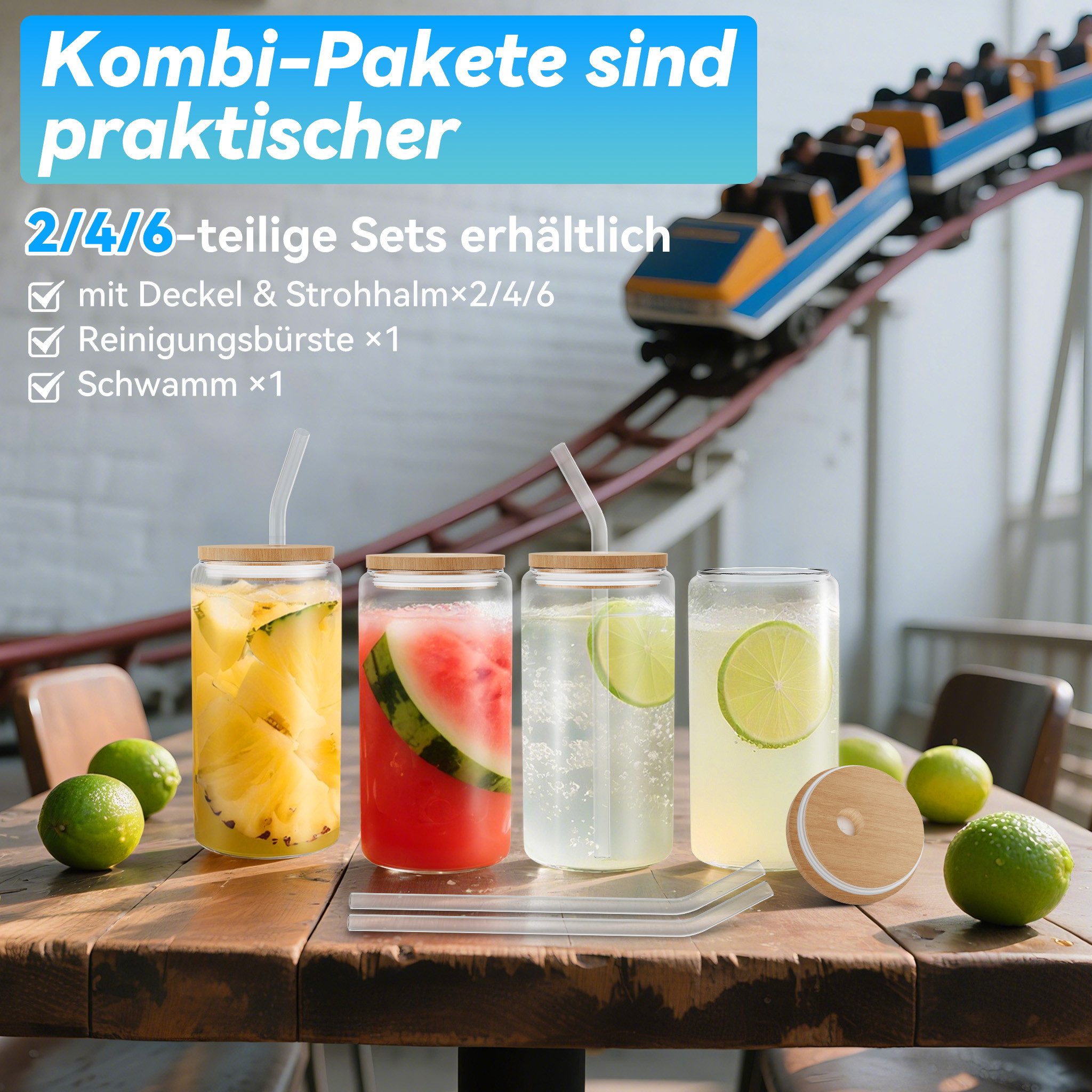 FIVMEN Cocktailglas Gläser Trinkgläser mit Deckel Stroh 550ML Cocktailgläse Wassergläser, 2-tlg., für Smoothie, Latte, Macchiato, Whiskey Familie, Camping, Party, Bar