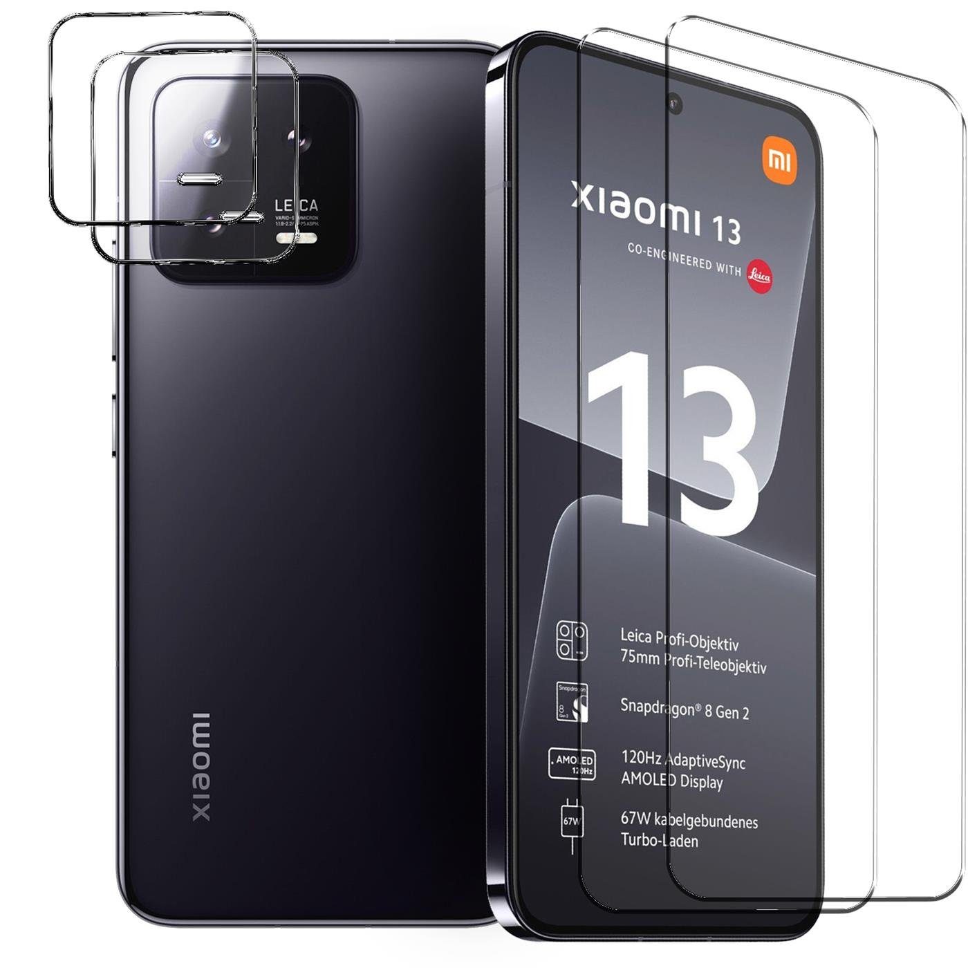 CoolGadget Schutzfolie Panzerfolie für Xiaomi 13, (Spar-Set 4in1, 2x Displayschutz, 2x Kameraschutz), Panzerglas Schutzfolie für Xiaomi 13 Folie
