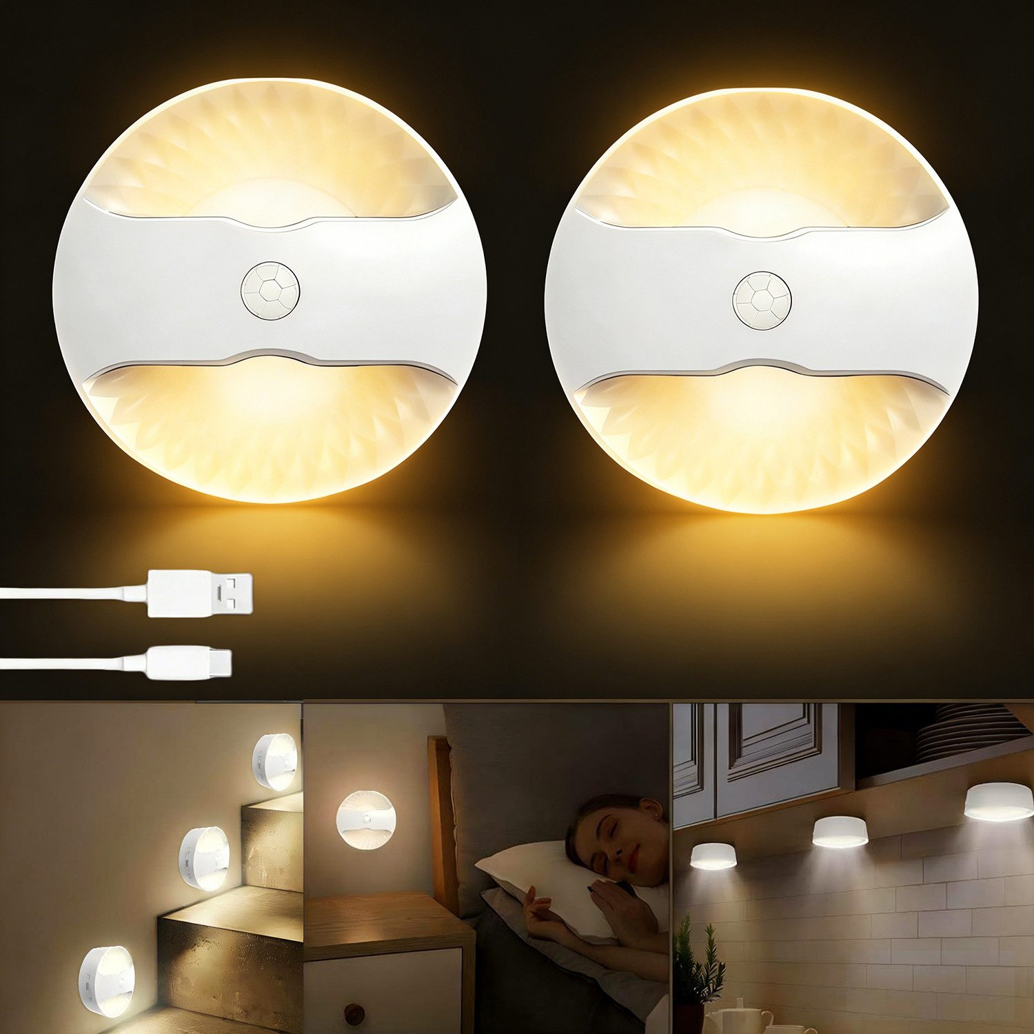 PRIISF Smarte LED-Leuchte 2x LED Nachtlicht mit Bewegungsmelder Aufladbar Vernetzte Treppenlicht, Gruppen-Sensorfunktion, Dimmbar Wandleuchte Lampe untereinander vernetzt und gruppierbar, Synchronisiert Sensor Nachtlampe Kabellose LED Stufenlicht, für Kinderzimmer, Flur, Treppe, Schlafzimmer, Küche & Schrank Warmweiß