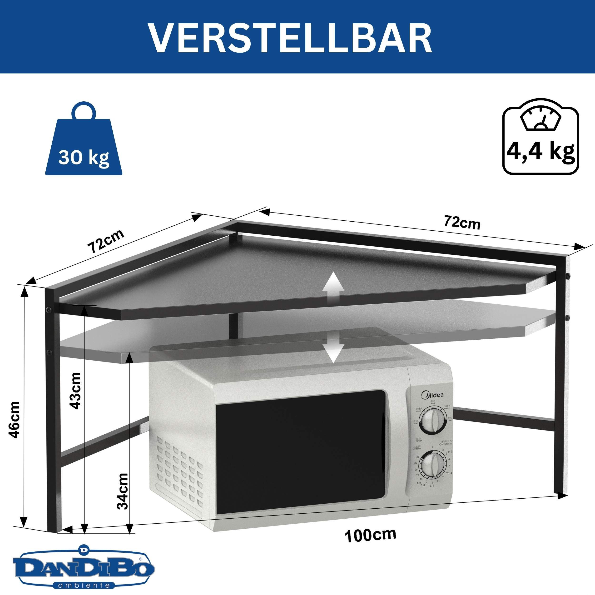 DanDiBo Küchenregal Mikrowellenregal Eckregal Küche Arbeitsplatte 72x72 cm Schwarz 96688 – Bild 2 von 5