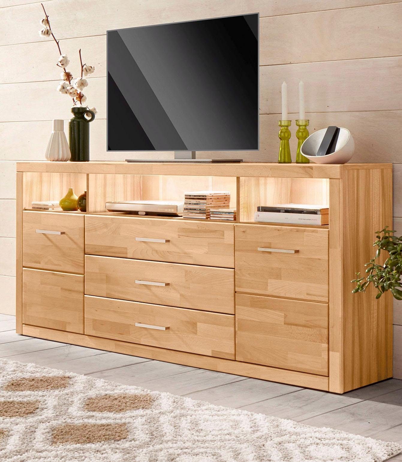 OTTO home Sideboard Ribe,180cm breit, Fronten Massivholz,7 Fächer, Holz massiv, Holzwerkstoff, Metall Griffe,2Türen,3Schubladen