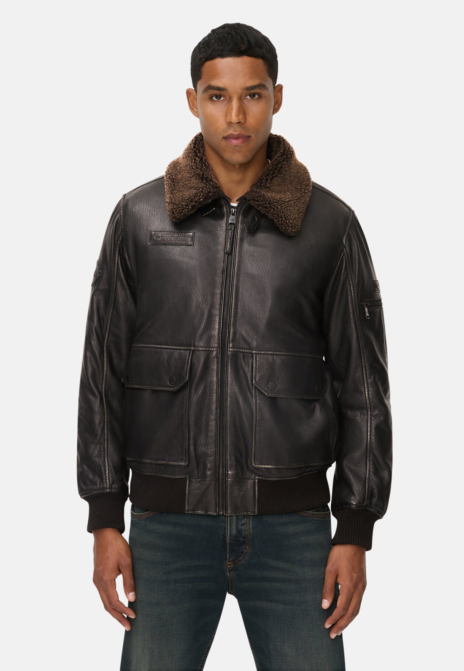 camel active Lederjacke mit Innentaschen Langarm Hemdblusenkragen