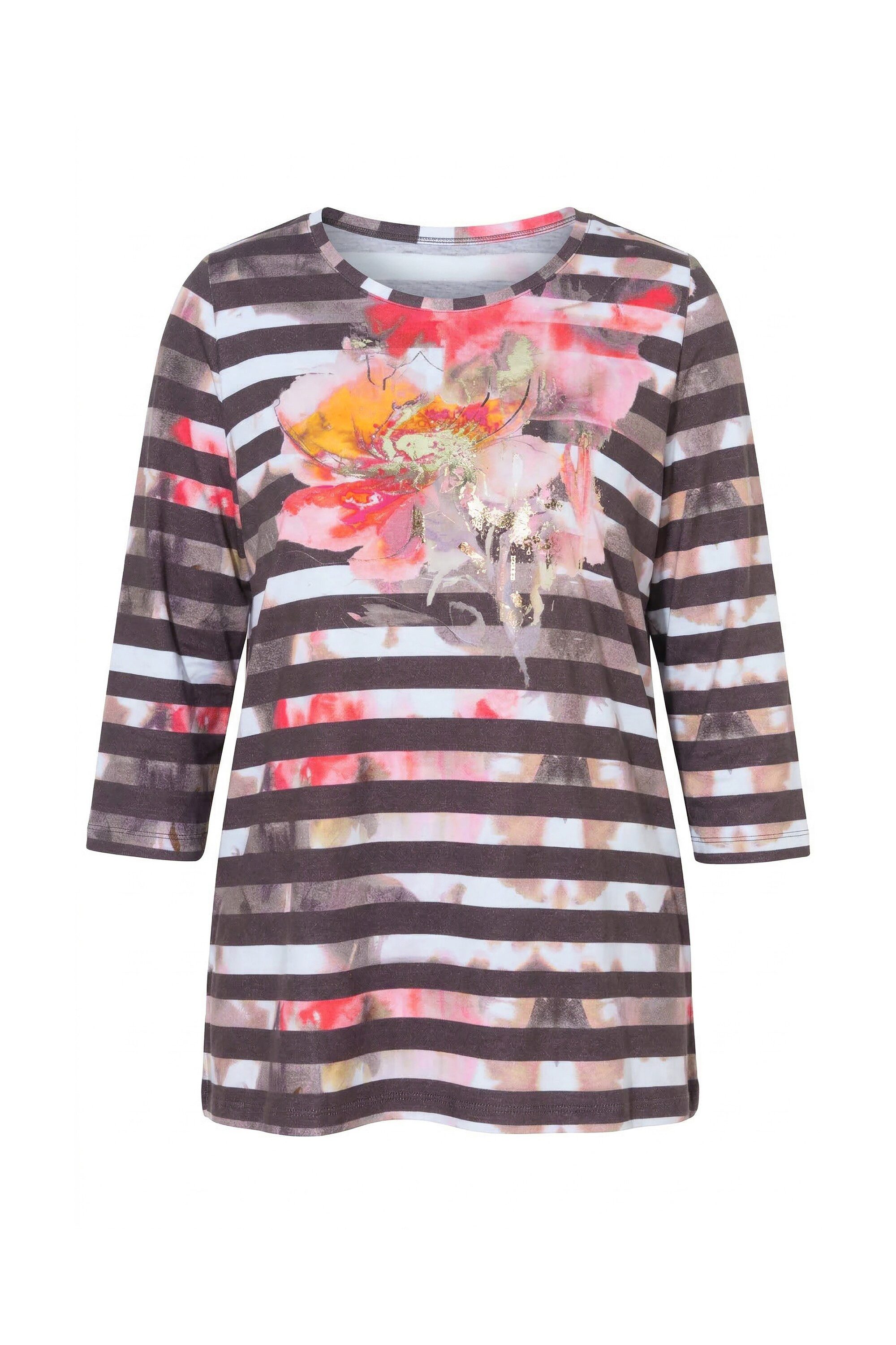 Ulla Popken T-Shirt Shirt A-Linie Ringel Rundhals 3/4-Arm Pima Cotton