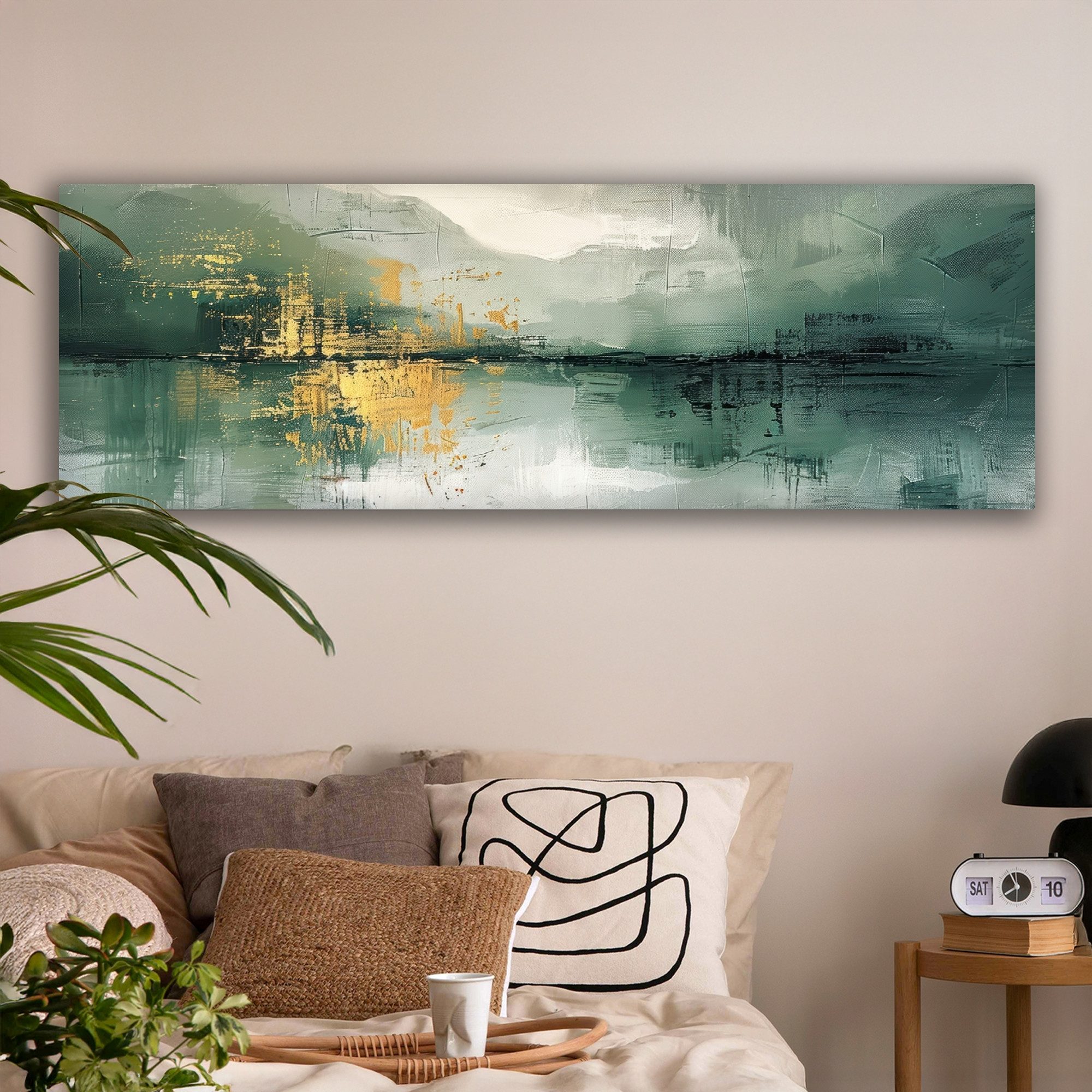 OneMillionCanvasses® Leinwandbild Panorama Grün - Modern - Abstrakt - Gold, Fotodruck (1 St), Leinwandbilder XXL Wohnzimmer, Deko Aesthetic 150x50 cm