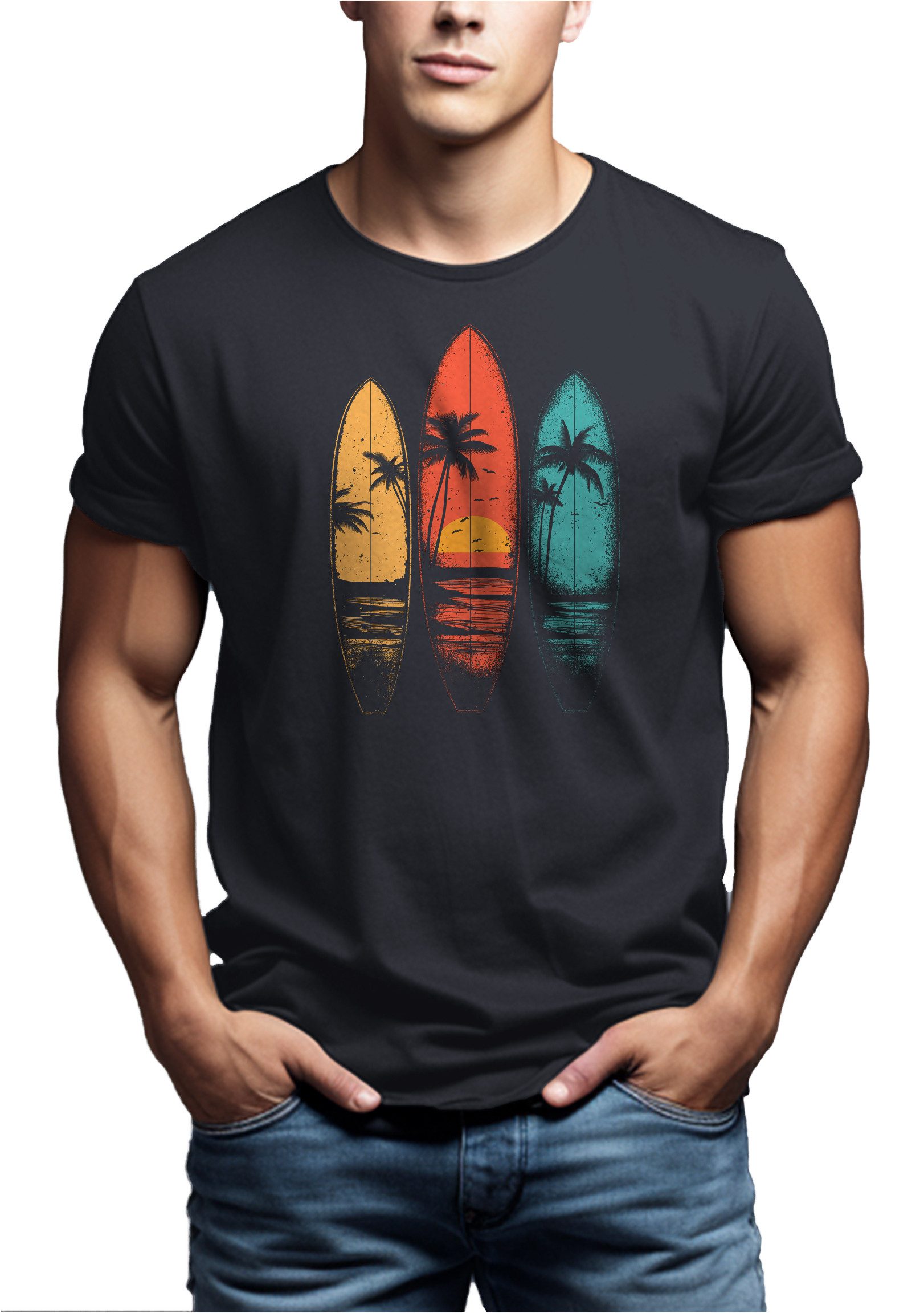 MAKAYA T-Shirt Printshirt für Männer – Retro Surfer Look mit Palmen & Sonne (Schwarz, Blau, Grün, Blaugrau, Grau, S, M, L, XL, XXL, XXXL, XXXXL, XXXXXL) Baumwolle