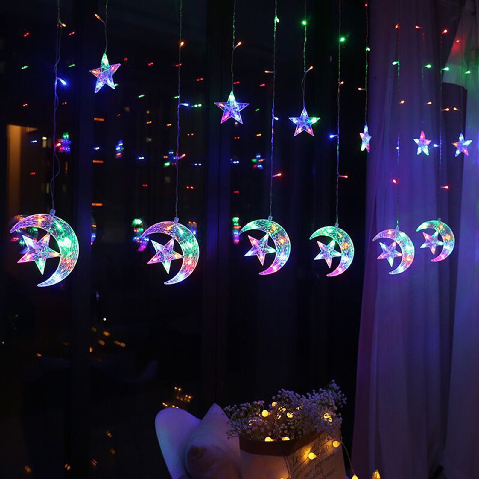 Rutaqian Lichterkette Mond Lichterketten, LED White Festival Warm 8 Modi Lichter,Batteriebetrieben, Fernbedienung Islam