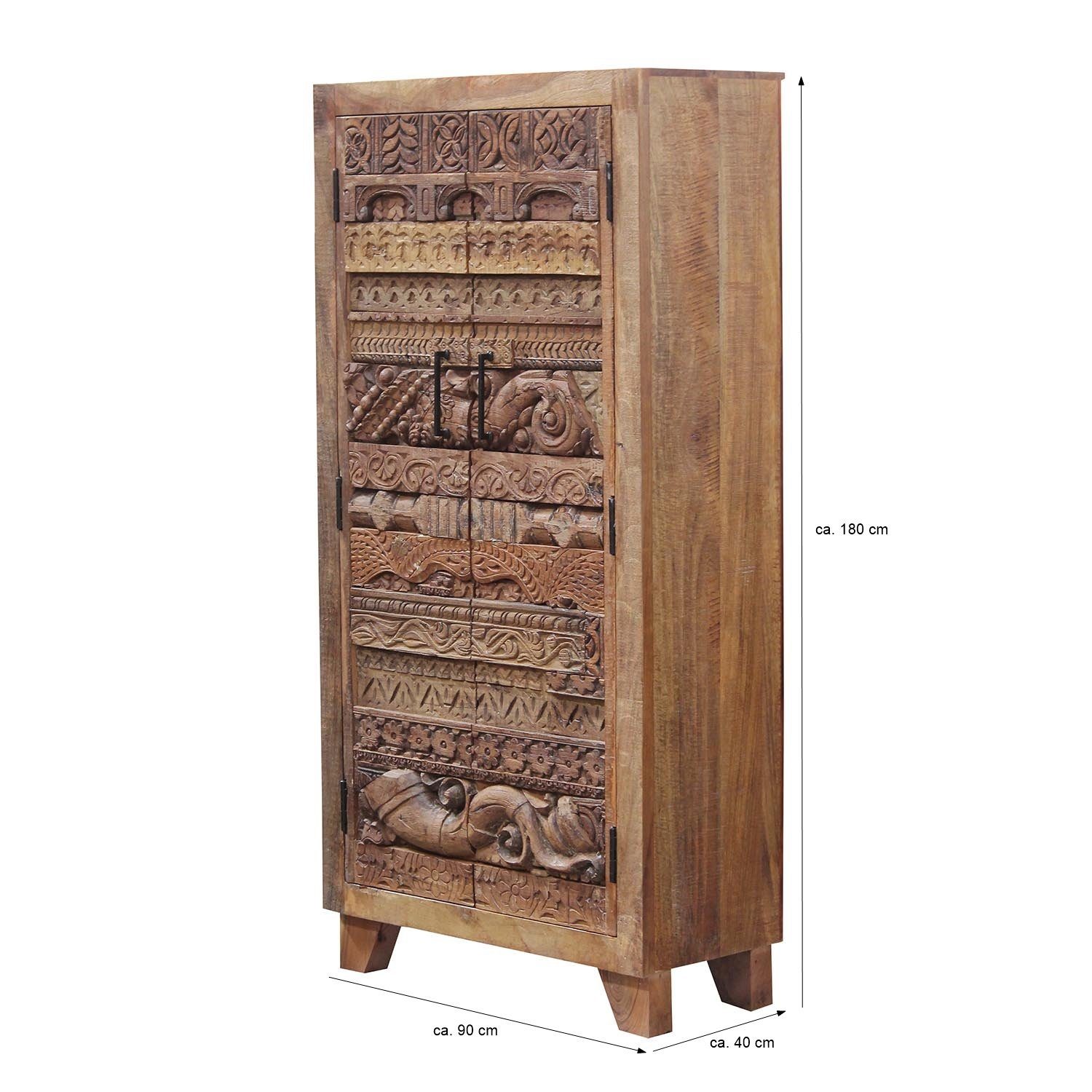 Casa Moro Drehtürenschrank Indischer Schrank Maruf, schmale, hohe Echtholz Kommode (Hochkommode für einfach schöner Wohnen, CAC20301350, 1-St., 90x40x180 cm B/T/H 2 türig mit handgeschnitzter Front im Puzzle Design) Kunsthandwerk