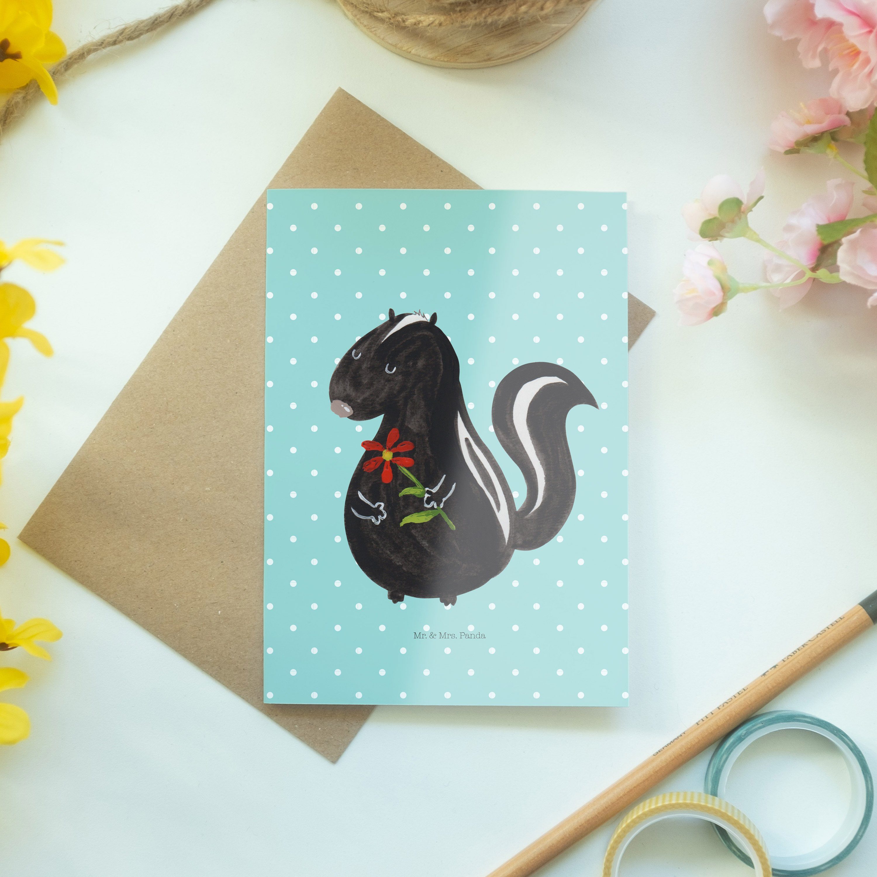 Einladungskarte, Geburts - Türkis Blume & - Geschenk, Grußkarte Panda Mr. Stinktier Mrs. Pastell