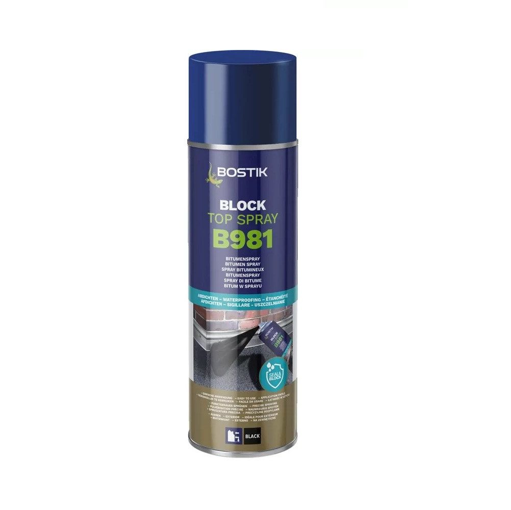 BOSTIK Dichtstoff Bostik Block B981 Top Spray Bitumenspray 500ml Dose Abdichtungsspray, gebrauchsfertig, tropft nicht, ist schnelltrocknend