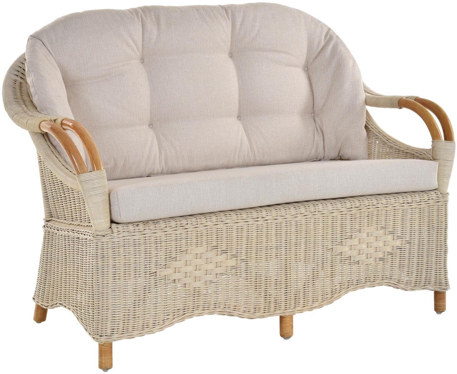 Krines Home Loungesofa Couch Wintergarten / Rattansofa Natur 2-Sitzer-Sofa Rattanmöbel Creme Honig Rattan