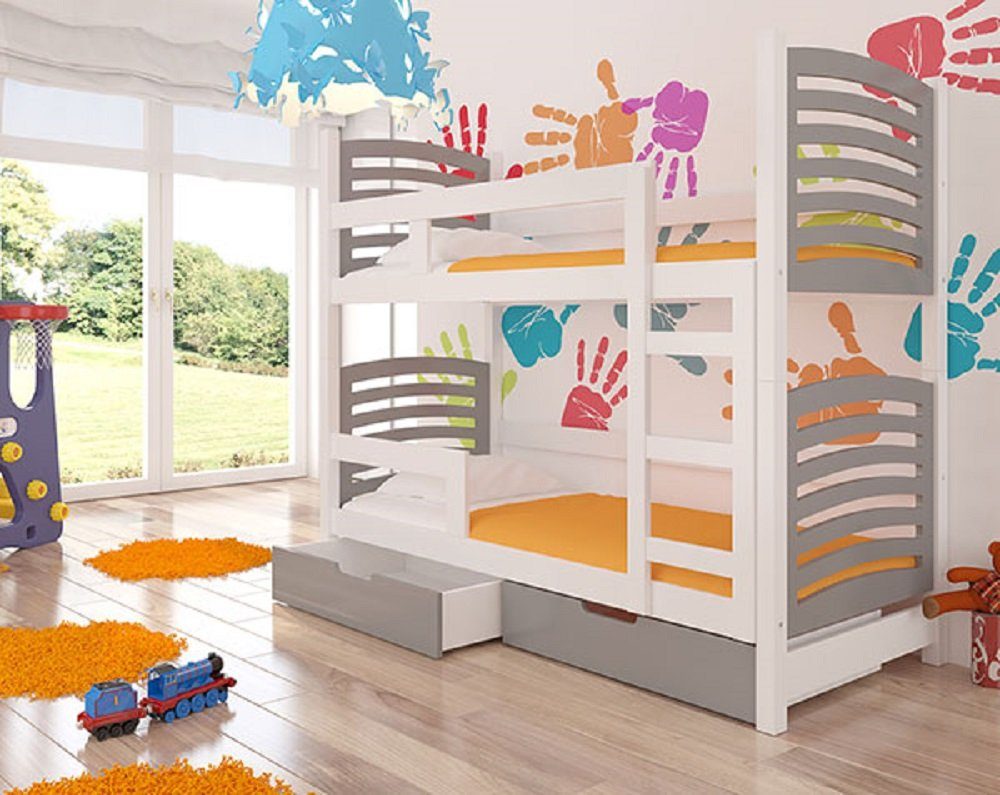 Feldmann-Wohnen Hochbett OSUNA (Etagenbett mit 2 Schlafgelegenheiten) Farbe wählbar Kiefer weiß / Absetzungen: grau