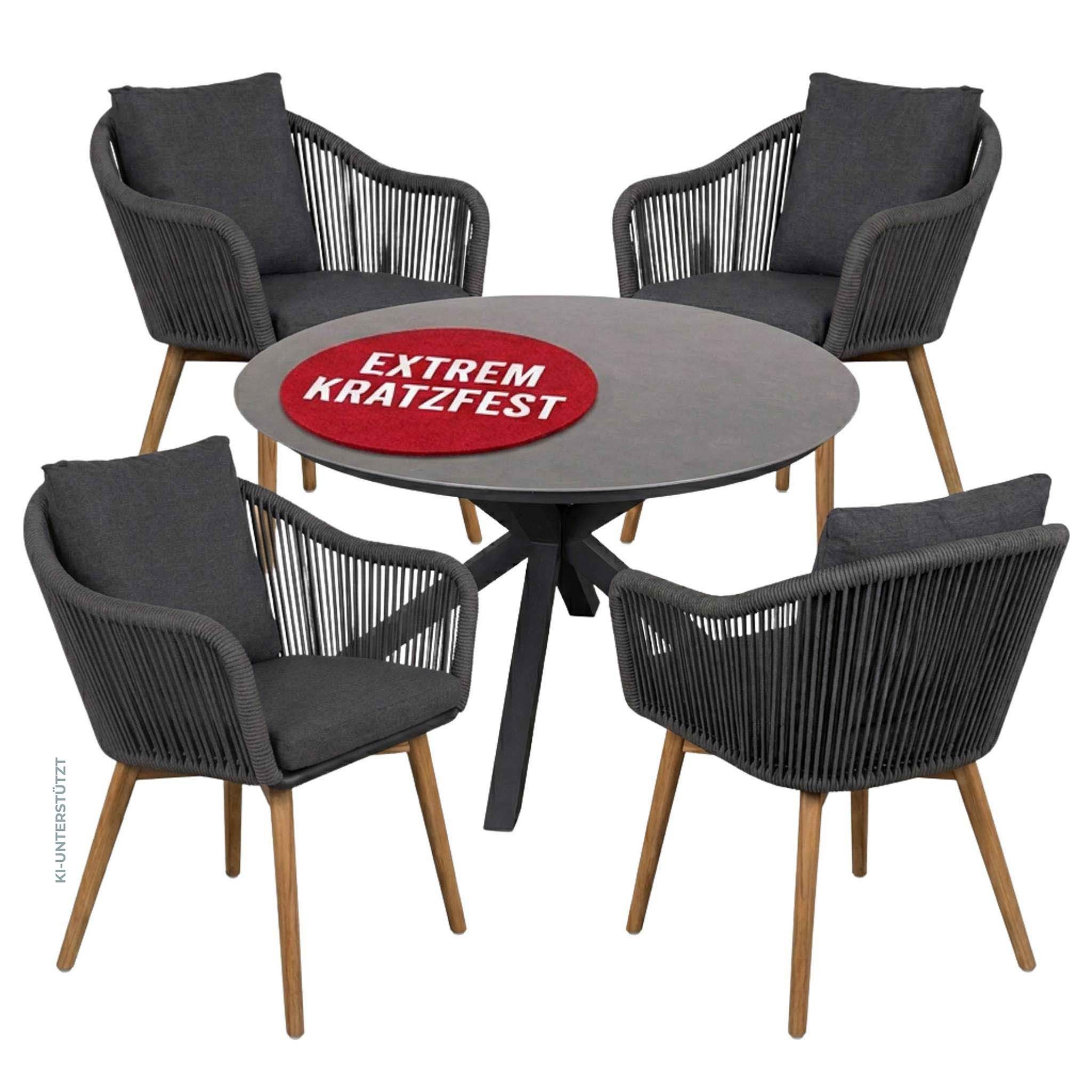 MR.DEKO Garten-Essgruppe Gartensessel Solana mit Esstisch rund wetterfest Almeria 120x76 cm, (5-teilige Garten-Kombination mit rundem Gartentisch), Wetterfeste Essgruppe mit Teakholz-Beinen & Stein-Tischplatte Grau