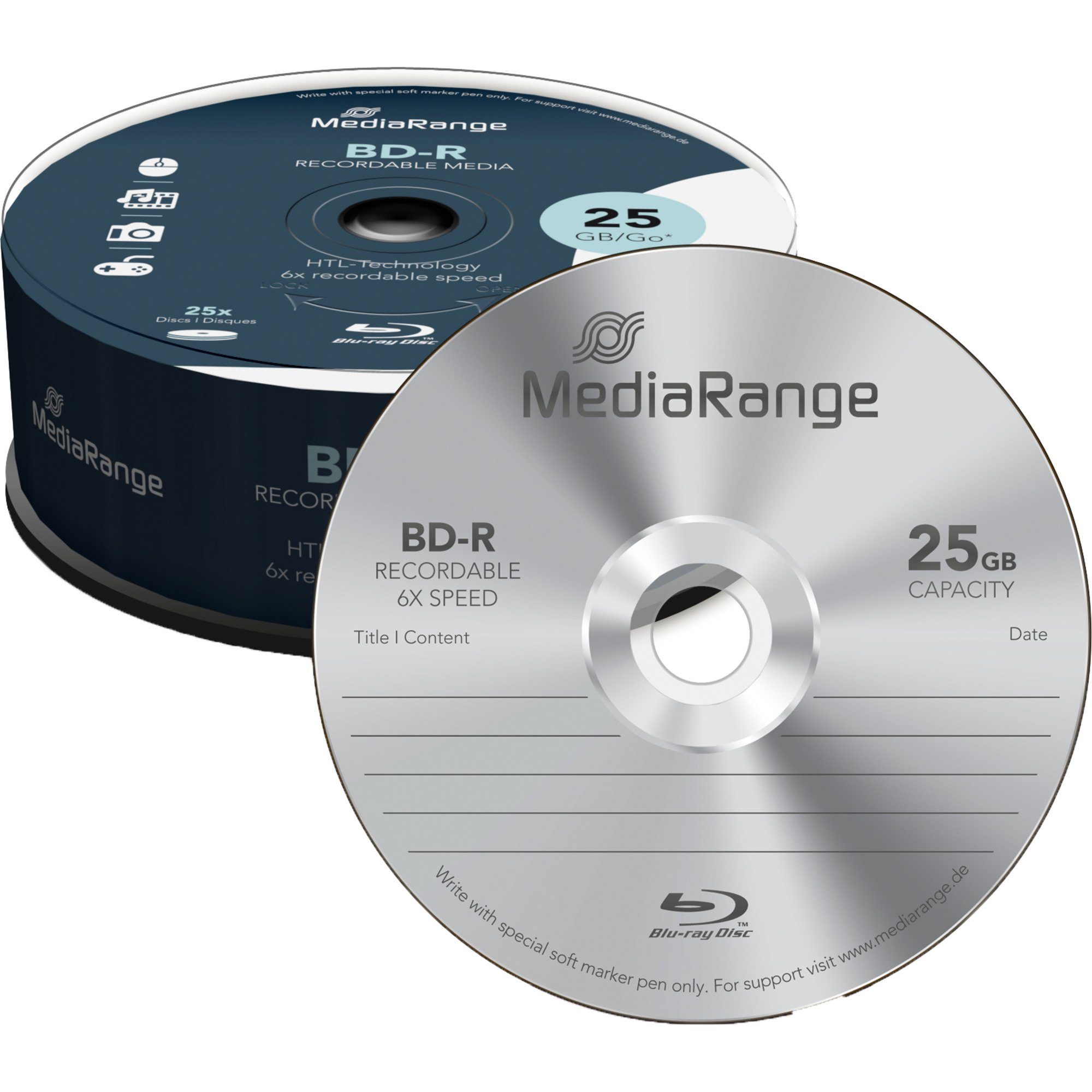 Mediarange Blu-ray-Rohling MediaRange BD-R 25 GB, Blu-ray-Rohlinge, (6-fach